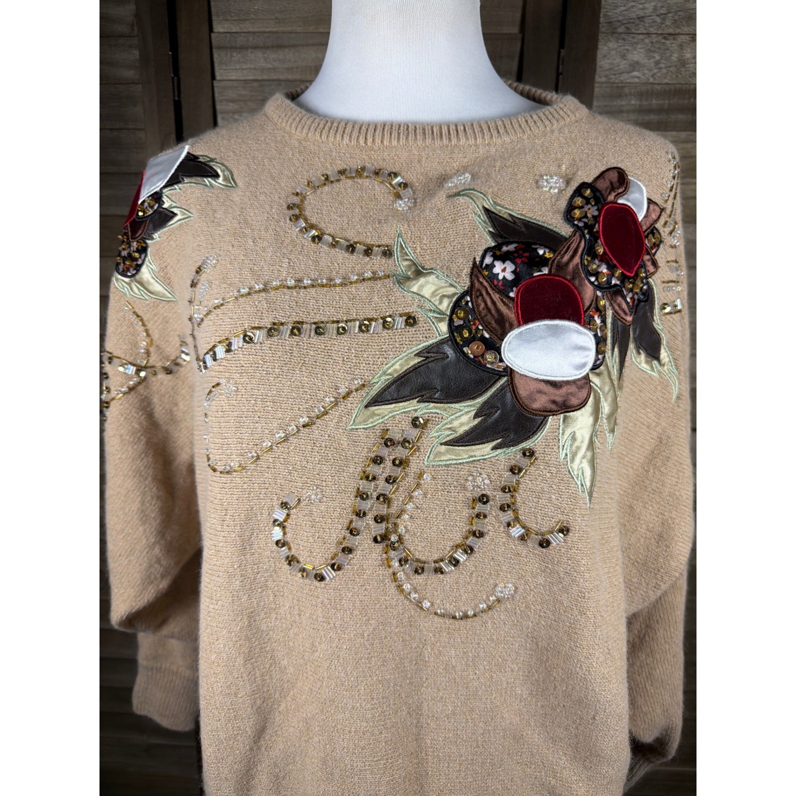 Maurada Vintage Silk Angora Bead Embellished Floral Sweater Tan Beige 3X 61009