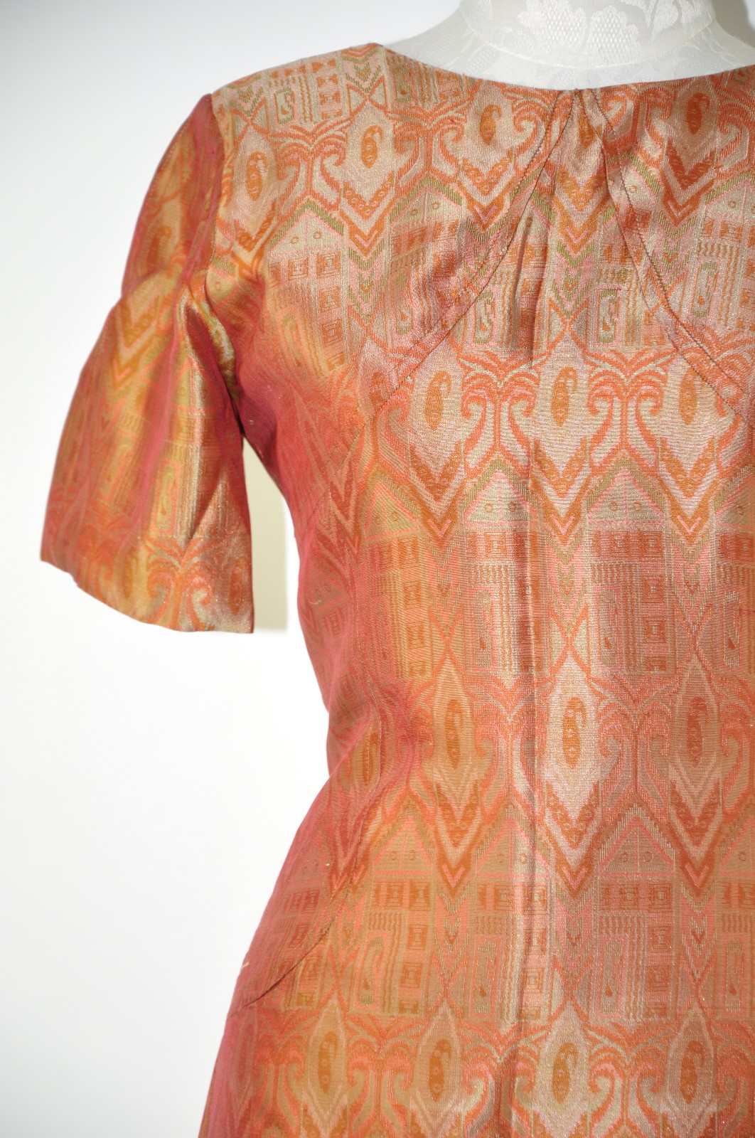 60s Vintage Copper Rust Brown Silk Ikat Short Sleeve Wiggle Dress Women S M