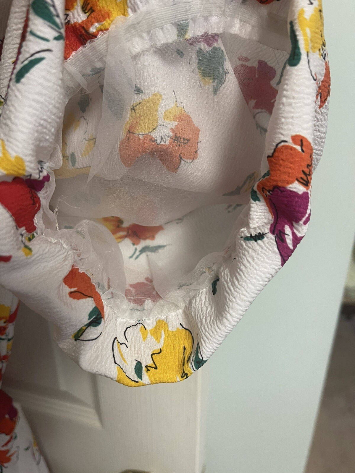 Leslie Fay VNT White floral dress Med 14 80s With Belt 70s Puff Sleeves Balloon