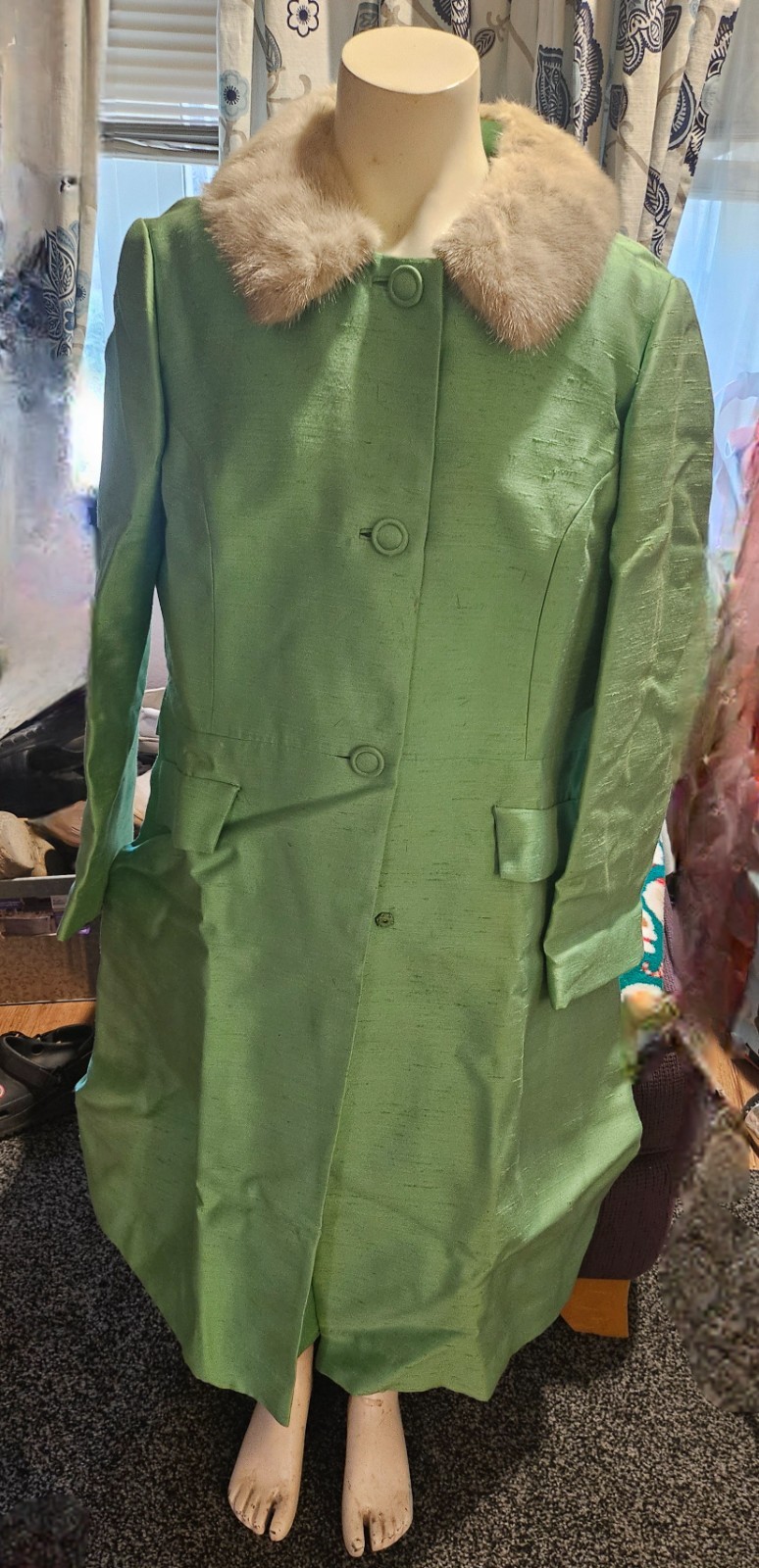 Vintage 50-60s mint green swing coat with fur and matching dress