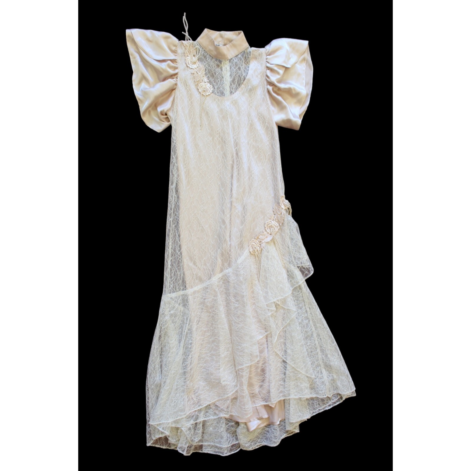Vtg Cachet by Bari Protas Midi Lace Dress Floral Beaded 9/10 Champagne Victorian