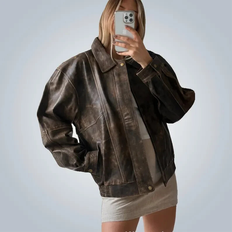 1980s Oversized Retro Distressed Brown Vintage Handmade Real Leather Jacket Wome