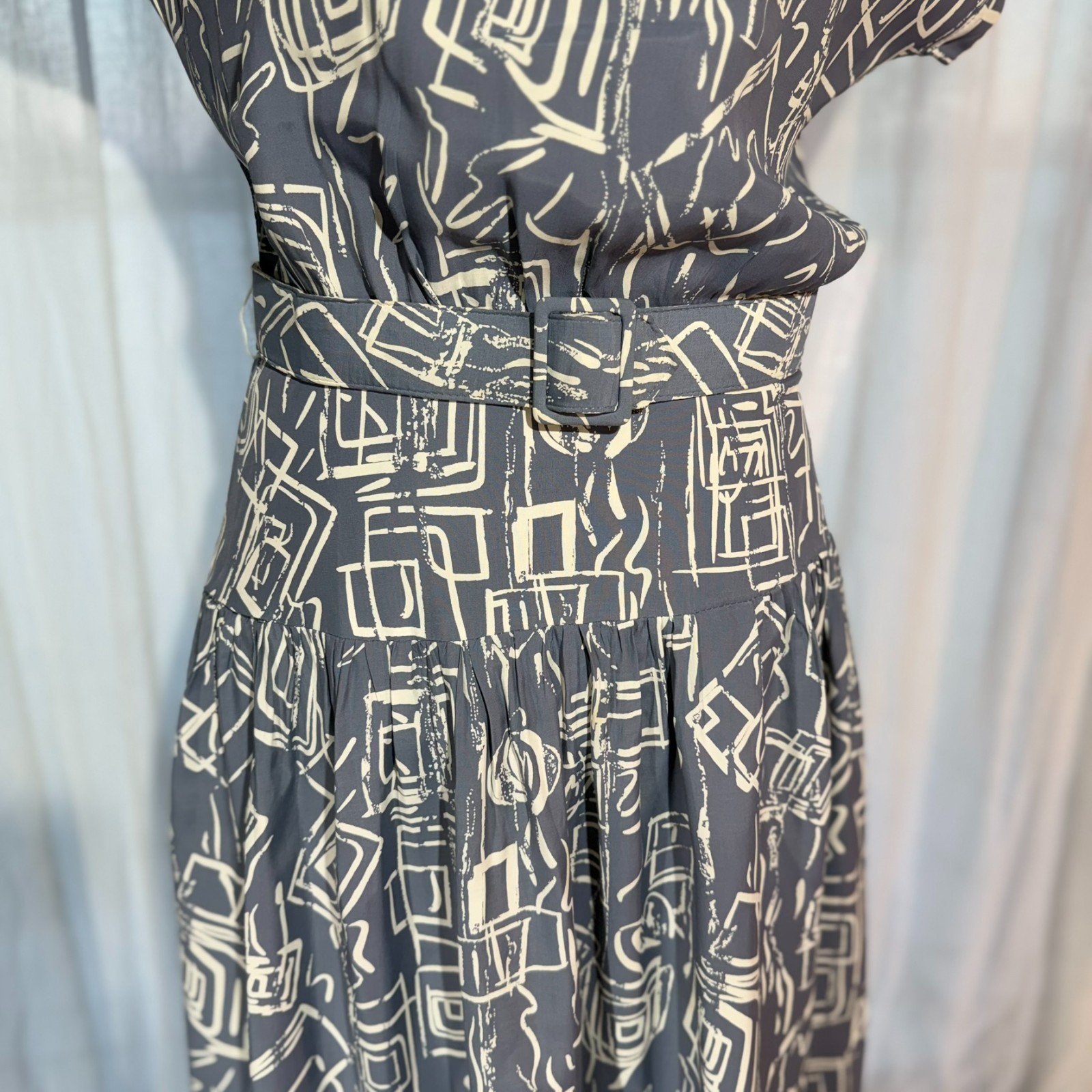 Vtg 80s Abstract Drop Waist Dress RAYON Belted LACE Ed Michaels 6 Preppy NewWave