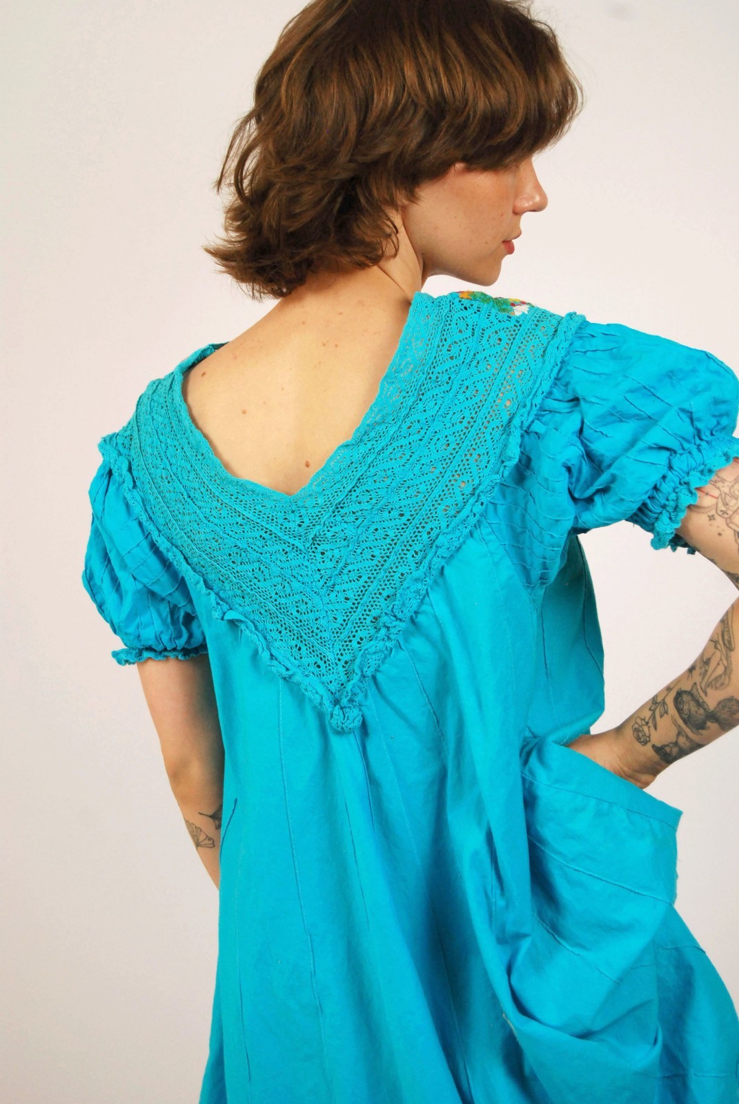 70s Mexican Embroidered Dress (L) large blue vintage shift floral boho sundress