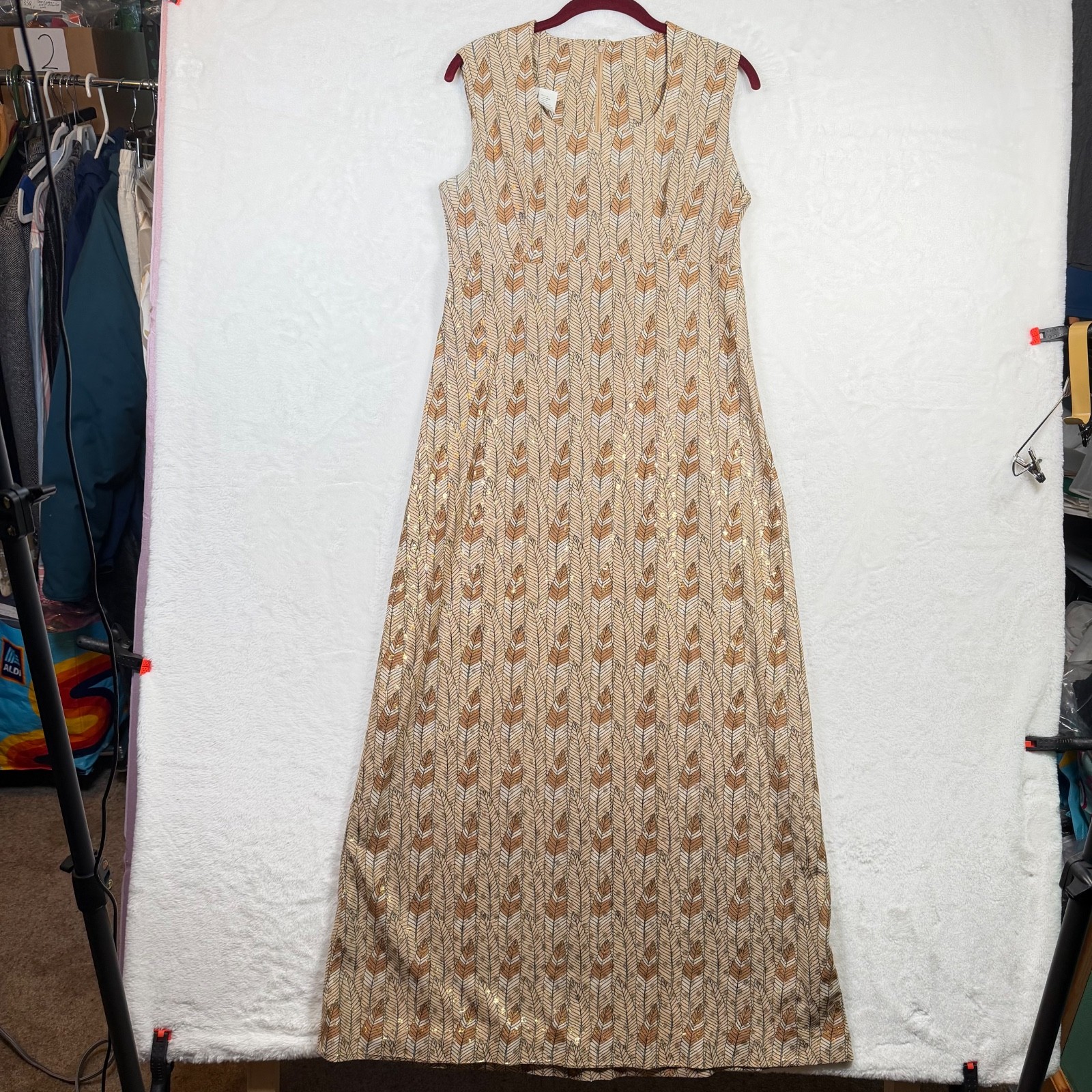Vintage L’Aiglon Original Maxi Dress 14 Metallic Lurex Leaf Print Tan Boho 70s