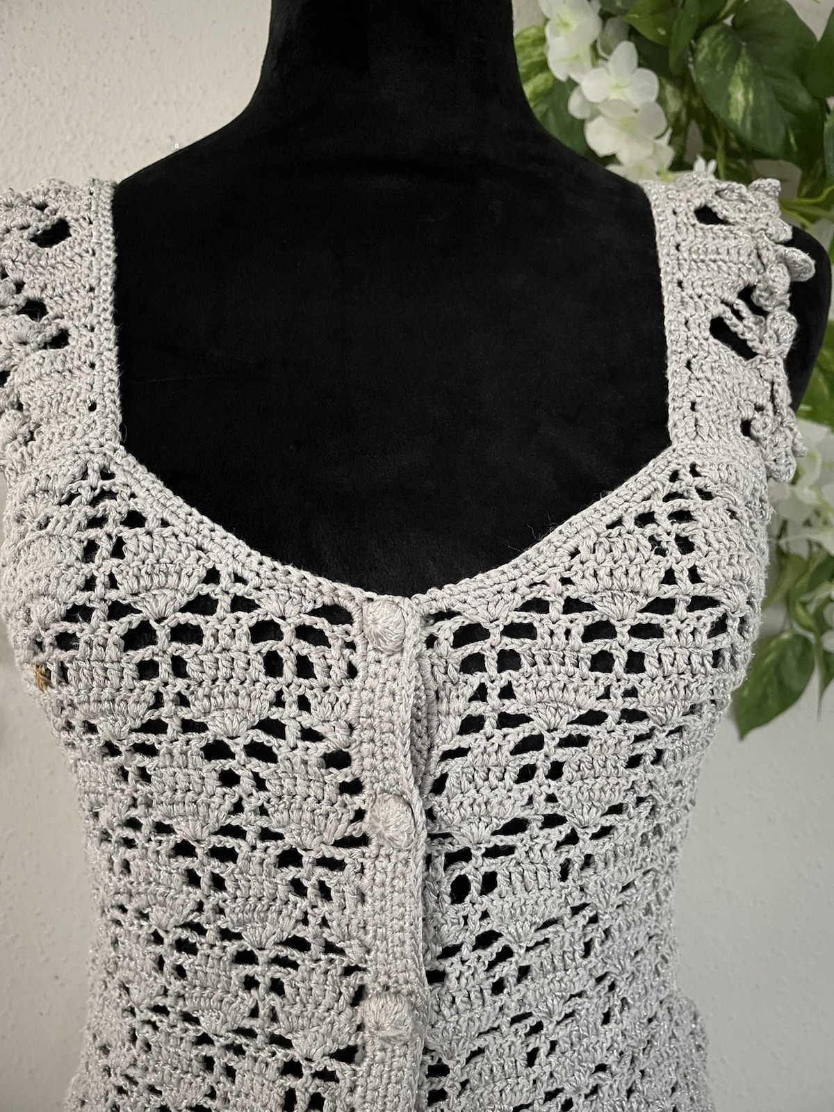 Vintage Crochet Vest Silk Boho Lace Metallic Silver Button-Up Festival Top M