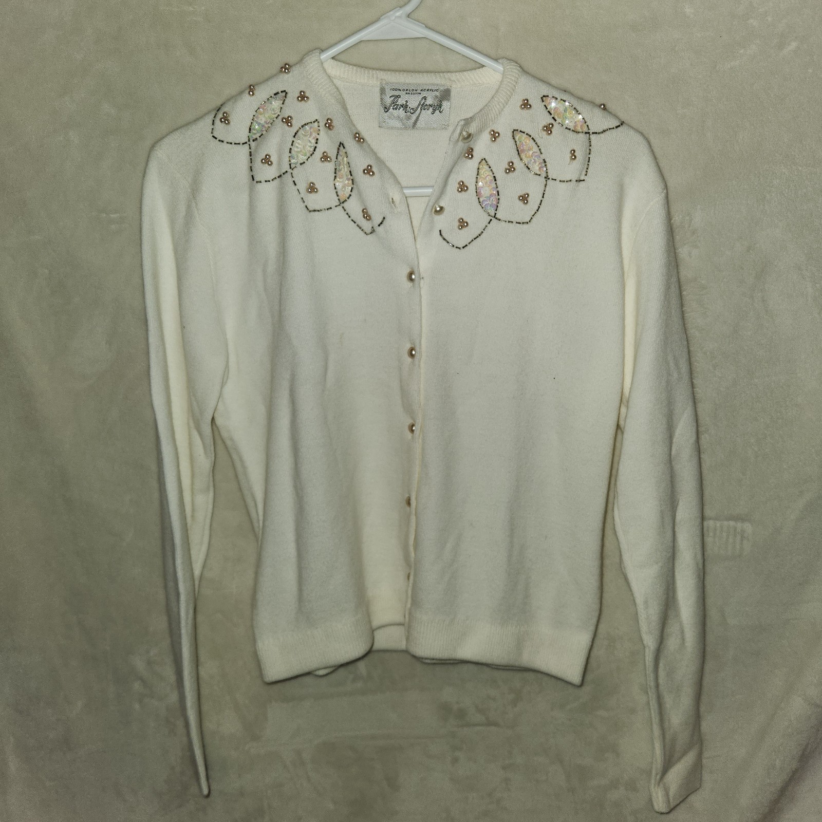 Vintag 1950s/60s Park Storyk Sweater Ivory Orlon Acrylic Beaded Pearls Cardigan