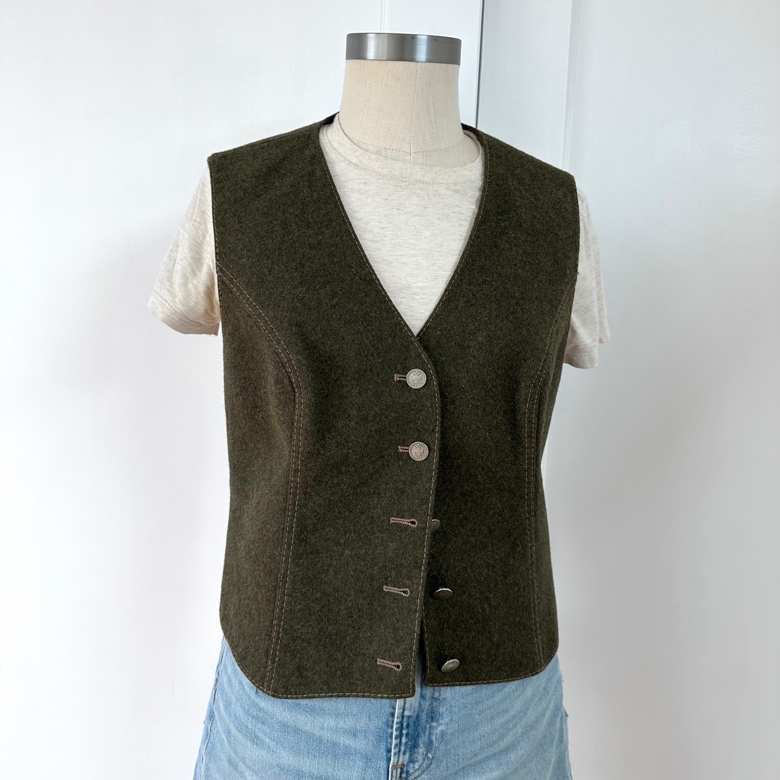 Vintage Green Loden Wool Vest Austrian Trachten Waistcoat Alpine Heritage Gilet