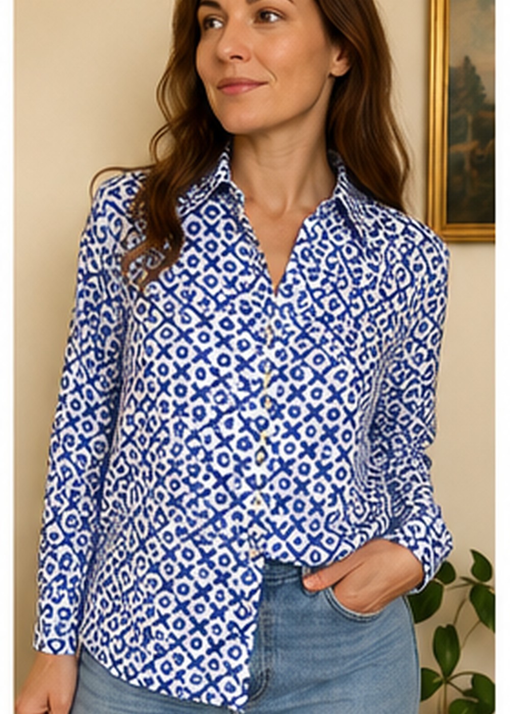 Vintage Take #1 Blouse Sz 36 Blue White Floral Mod Korea Long Sleeve Shirt