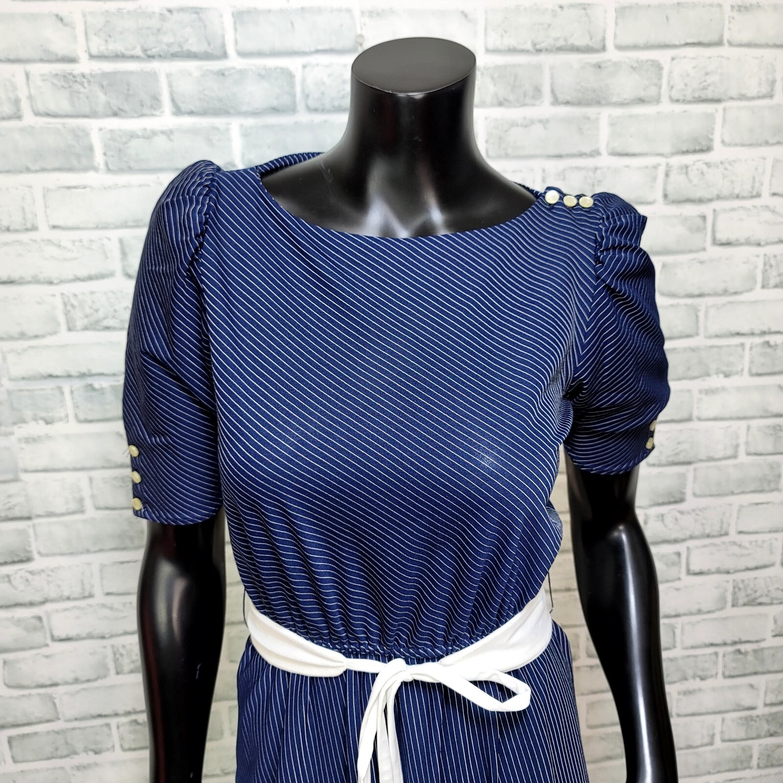 Vintage 70s Sally Lou Womens S Half Sleeve Semi Sheer Navy Striped Day Dress