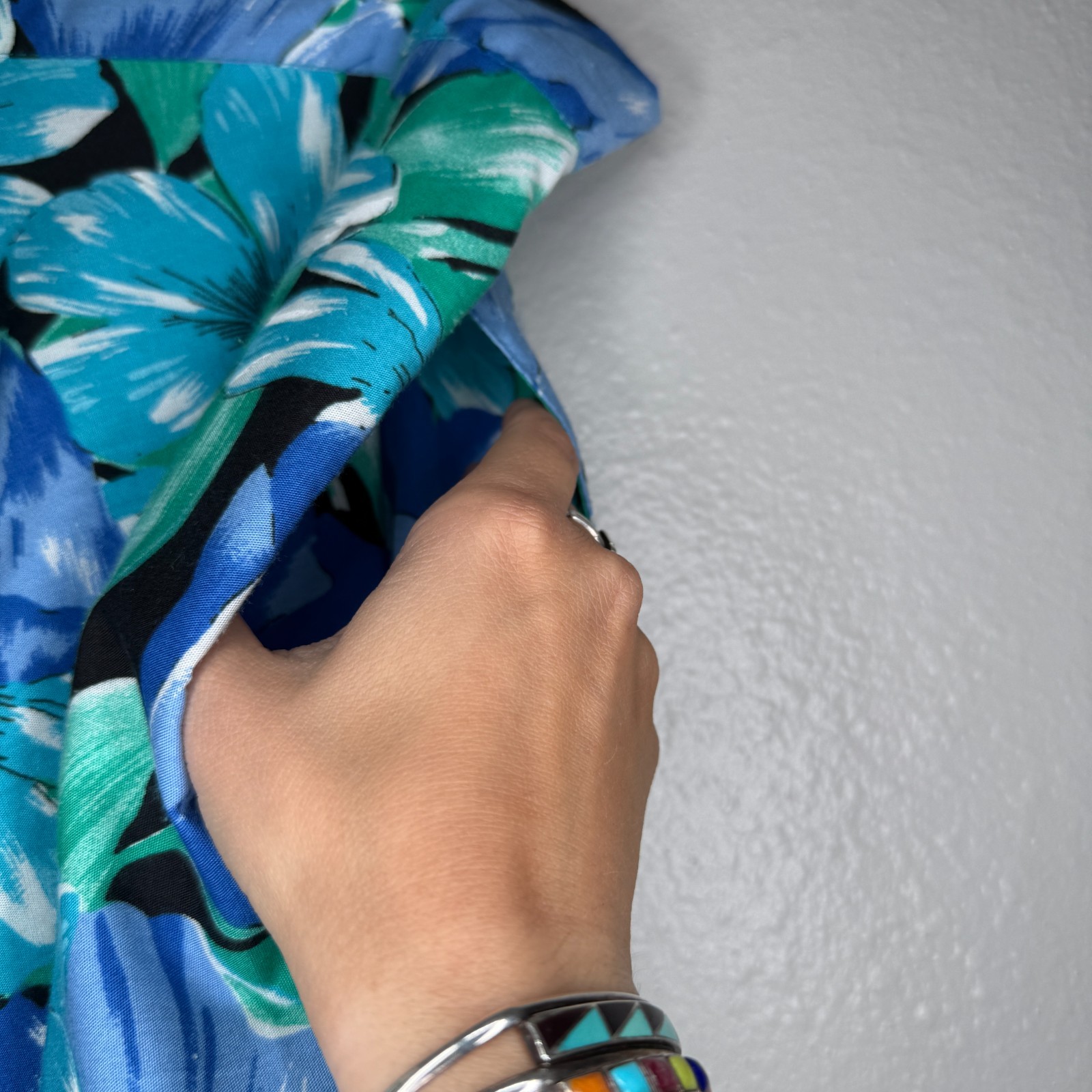 PRICE FIRM Vintage 80s Ilyza Blue Green Tropical Floral A Line Skirt | Size L/XL