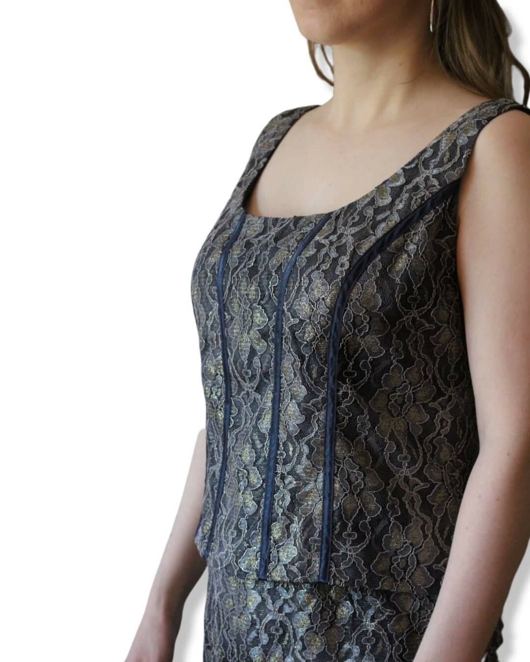 Vintage Metallic Lace Shell Top Maxi Skirt Bolero Cocktail Set JR Nites Caliendo