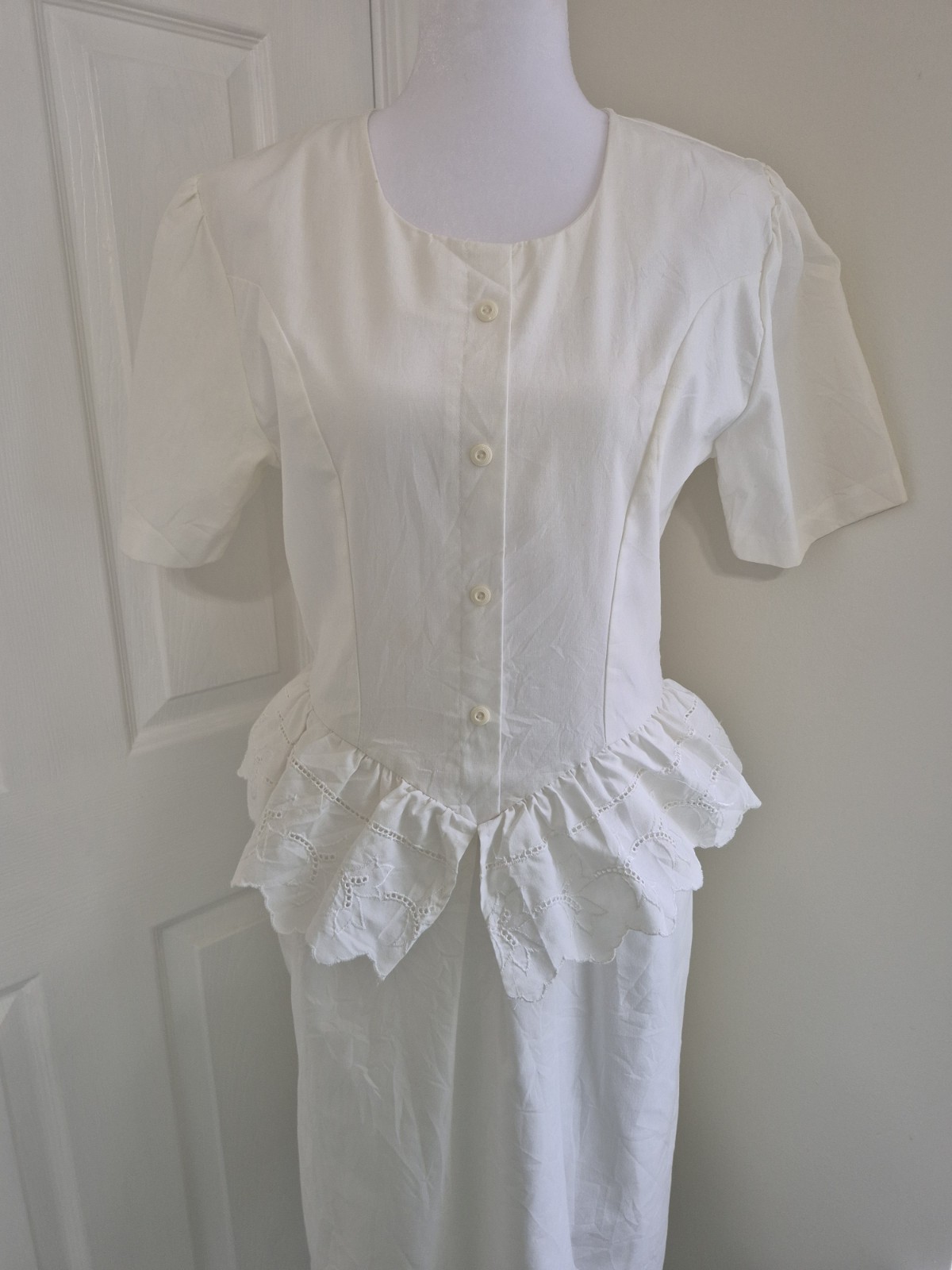 Vintage 80s Crest White Cotton Eyelet Peplum Midi Dress S