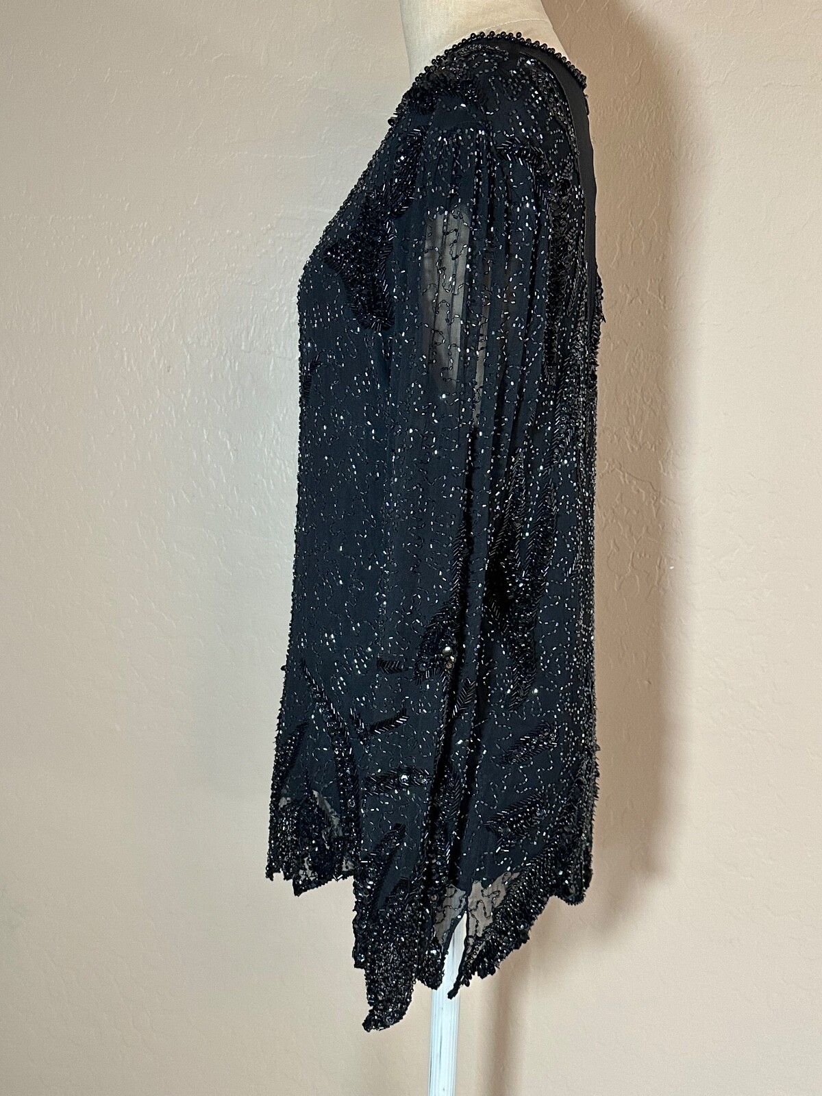Vintage Sho Max Sheer Black Sequin Beaded Rhinestone Lined Top Blouse Sz M