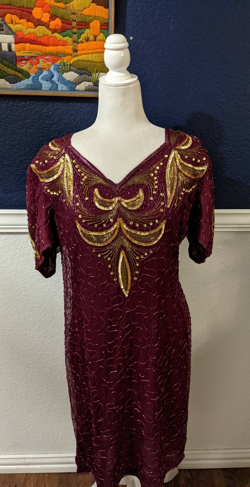 VTG Sweelo Purple Beaded Sequin Zip Back Dress 100% Silk Sz XL Extra Large