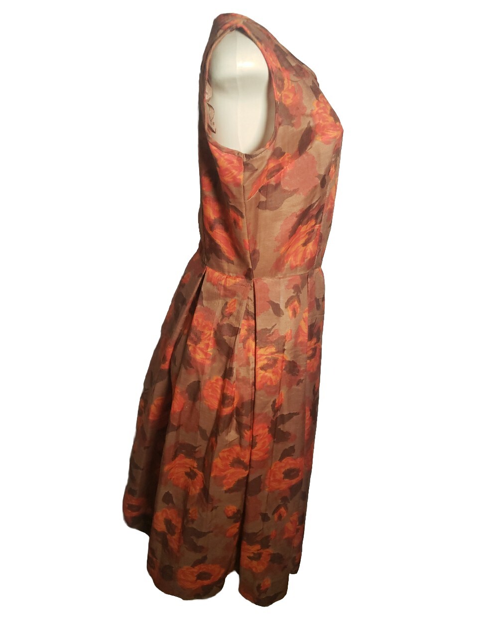 Vintage Lora Lenox Floral Sheath Dress Sleeveless Brown Orange Medium Unlined