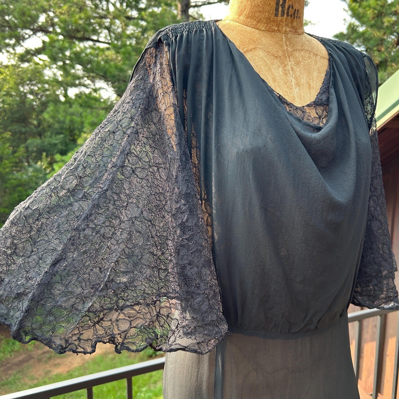 Vintage 30s Black Sheer Silk Chiffon Chantilly Lace Shirred Draped Flowy Midi