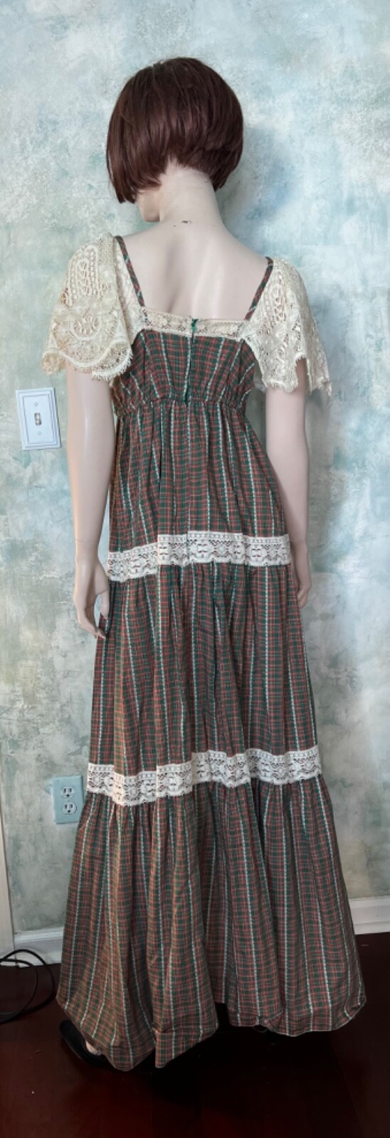 Vintage 70’s Green Plaid and Lace Prairie Maxi Dress Trivia by Charm S