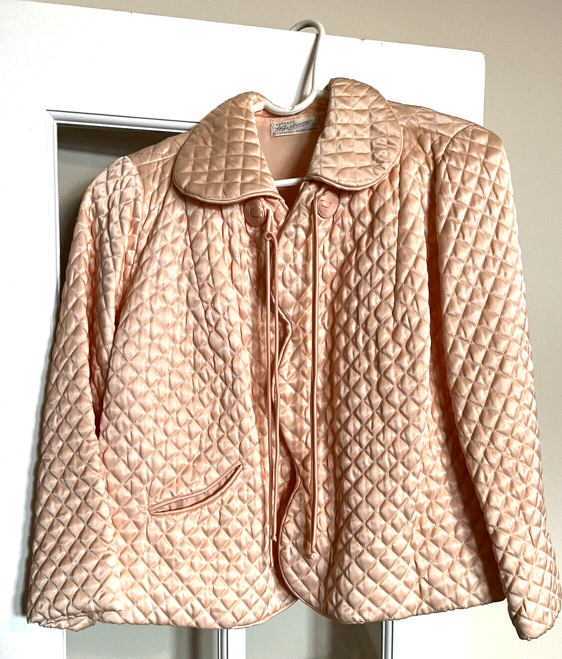 VTG 50s 60s Barbizon PEACH WOMENS Quilted Rayon Bed Jacket SZ 12 3/4 Sleeve