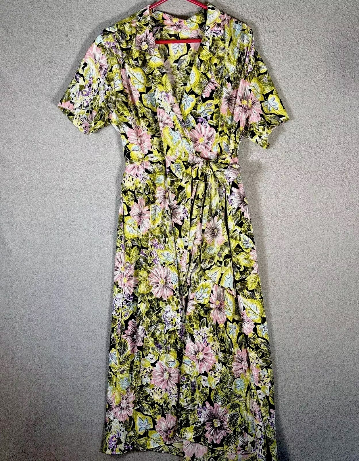 Vintage Wrap Dress No Tag Short Sleeve Yellow Pink Floral Shimmer Shoulder Pads