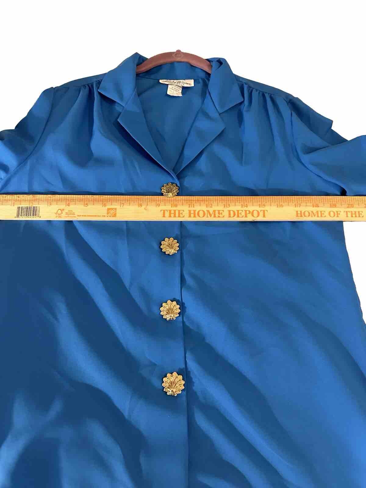 VTG Lucky Winner Women’s Blue Long Sleeve Gold Shell Button Up BLOUSE 12 USA