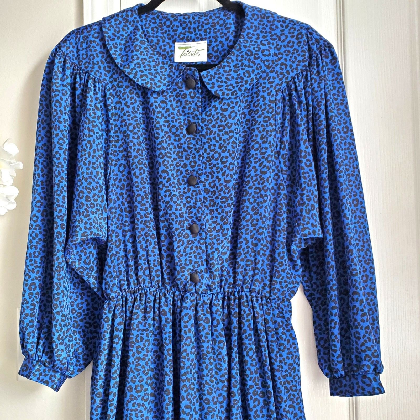 Vintage Tribute Blue Animal Print Dress Elastic Waist Long Sleeve Size M GUC