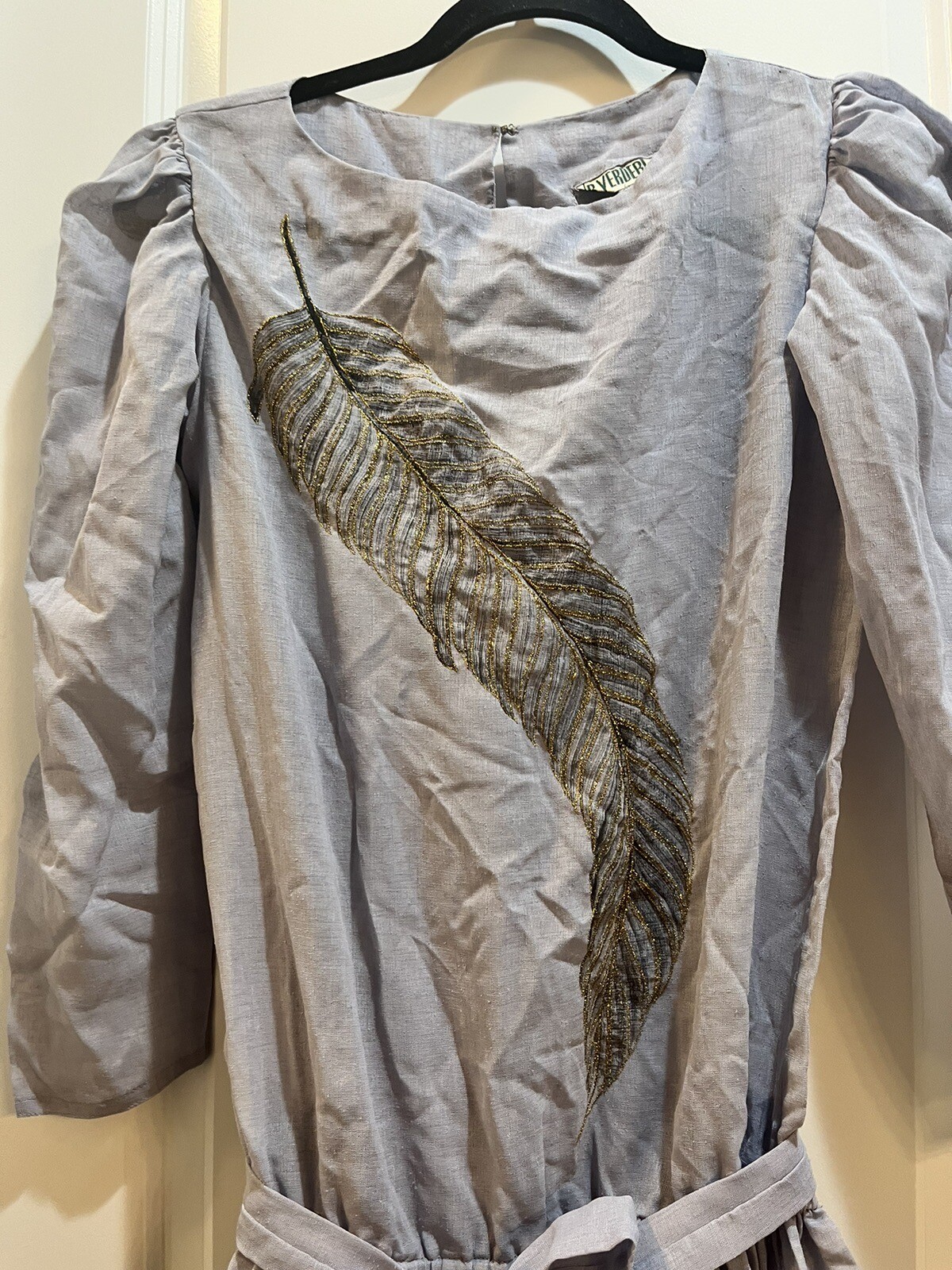 Vintage 1980s B. VerdeBlanco Dress Small Drop Down Waist Gold Leaf Embroidered