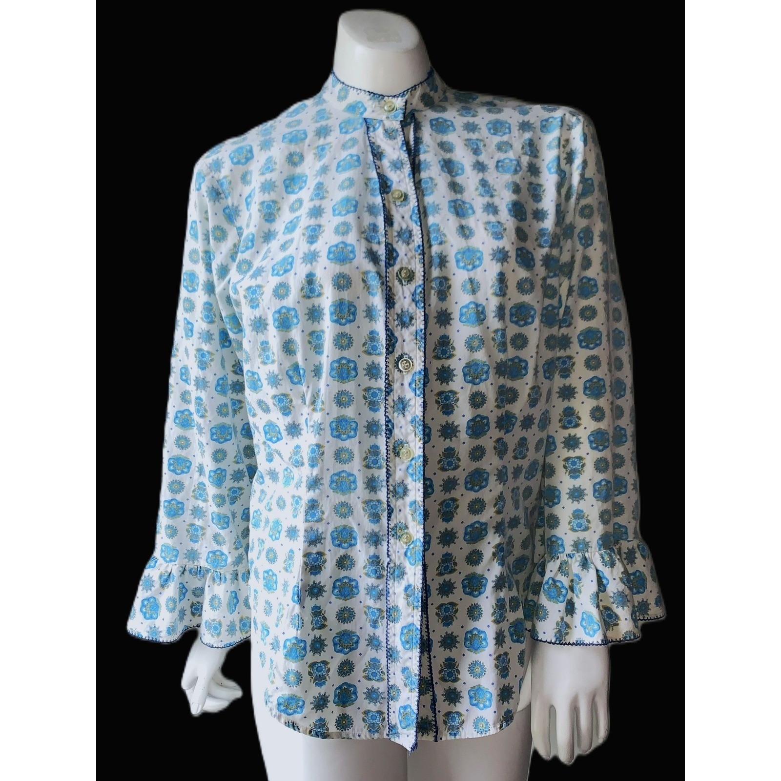 1950s-60s Retro Rockabilly Cotton Blouse Shaped Hem Picot Trim 3/4 Sleeve 37″B