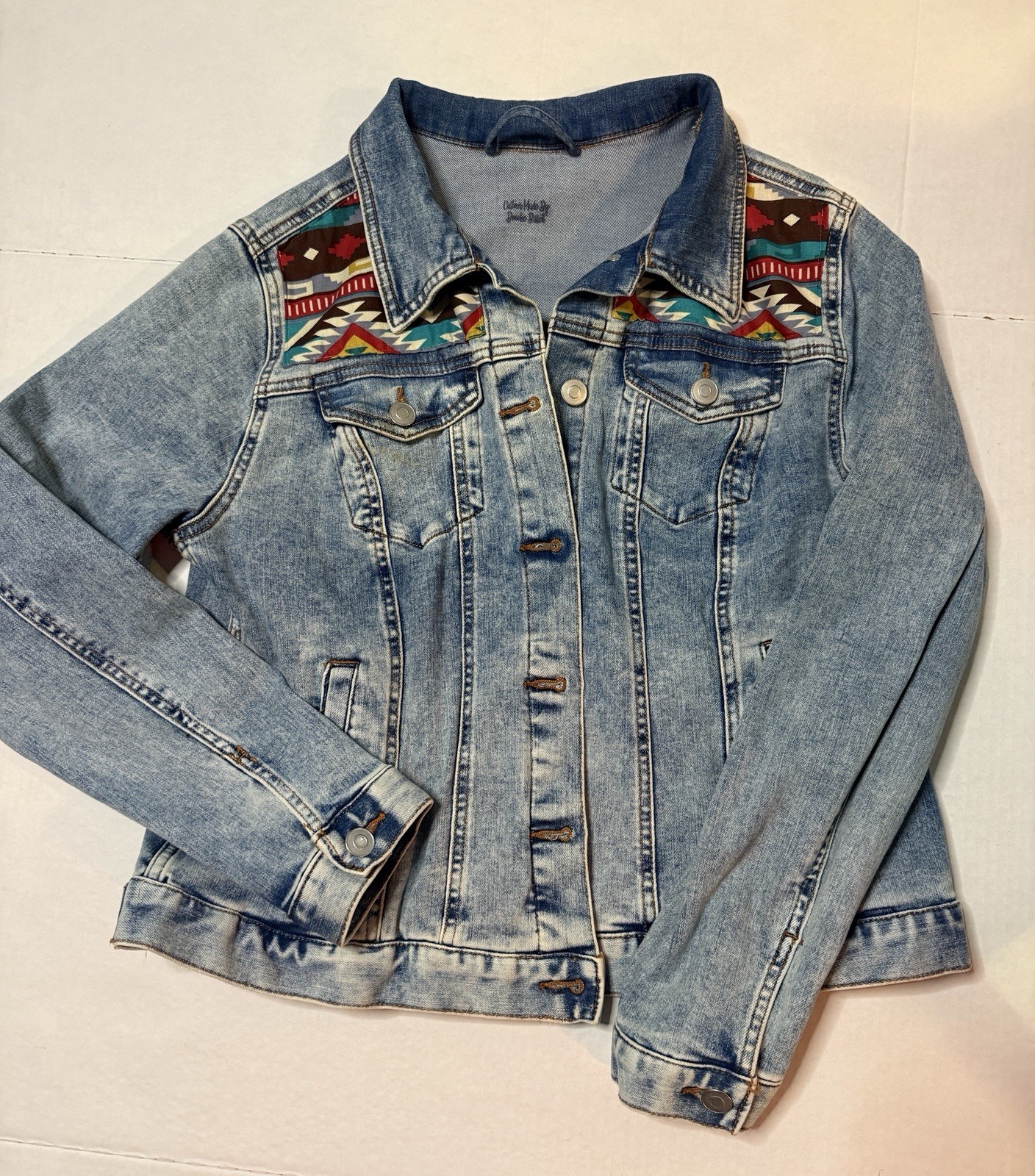 Y2K UpCycled South Western Jean Frosted Denim Jacket Aztec Custom sz 12 14 L