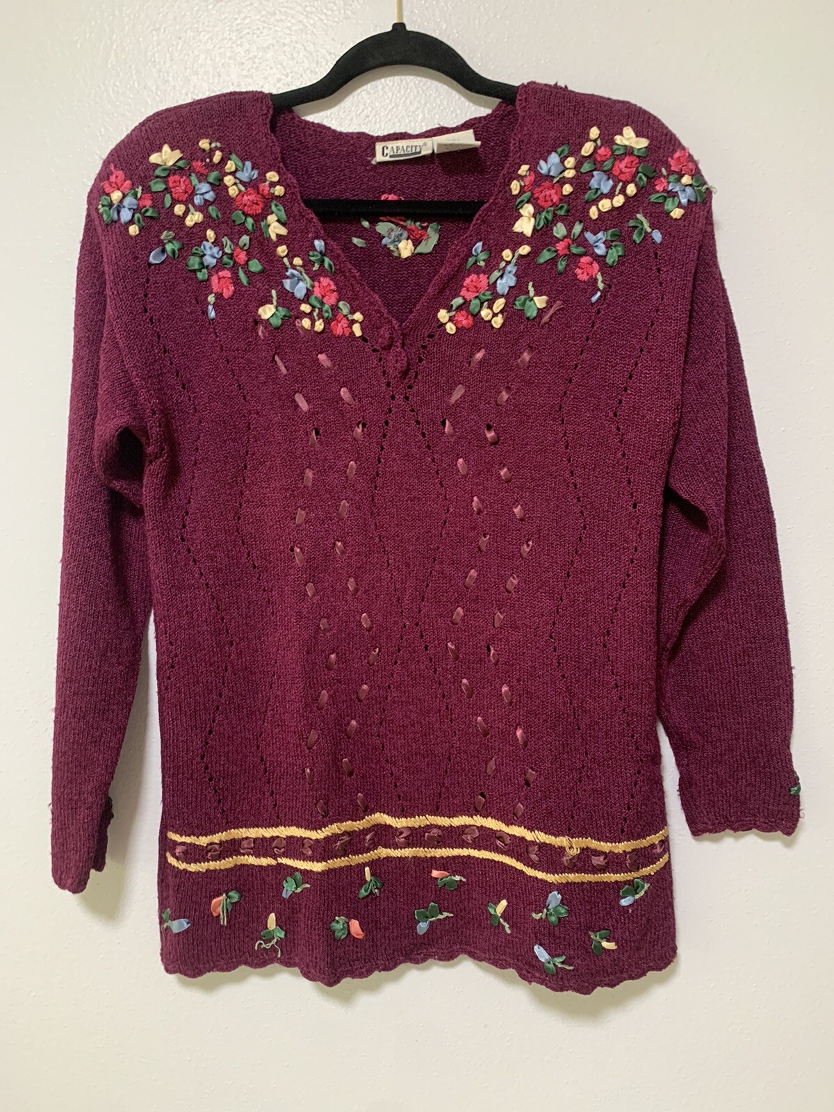 Vintage Glamour Knit 80’s Sweater Purple Floral Women’s Size Small Silk Rayon