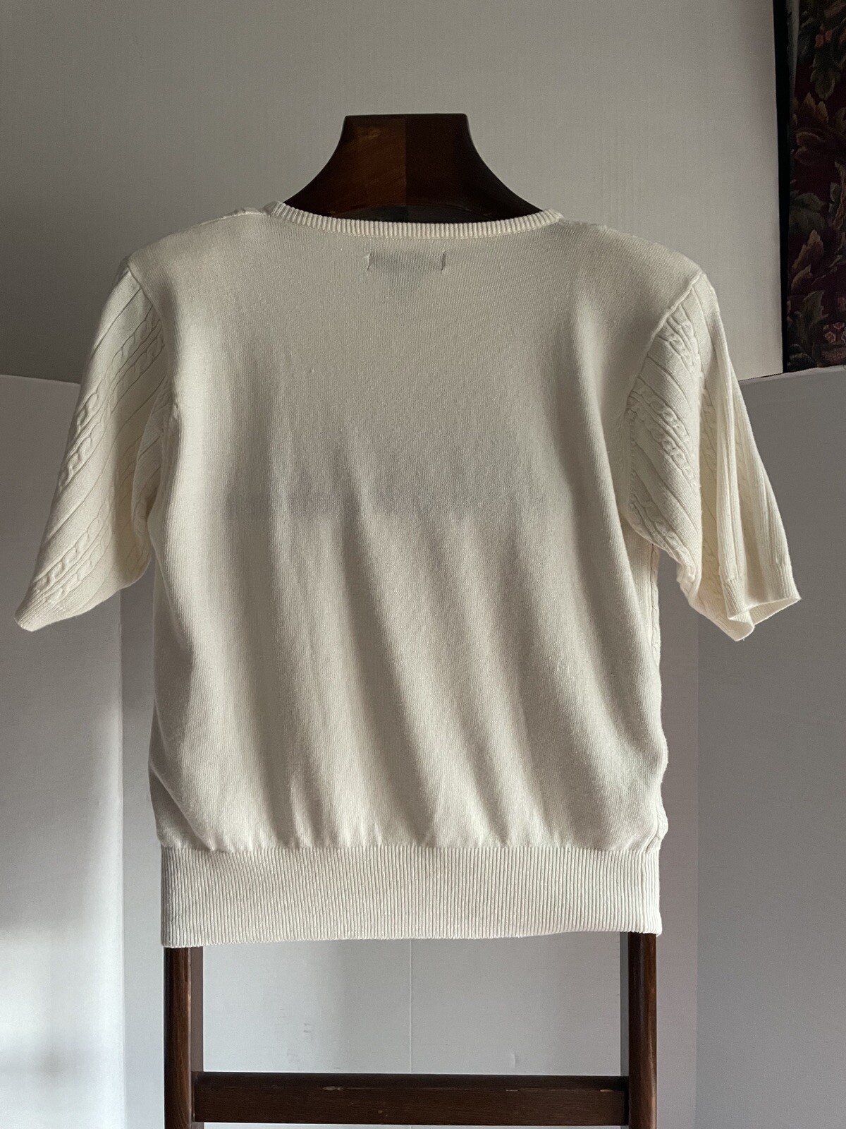 Vintage Yarnworks Sweater Med Cable Knit Shoulder Pads Short Sleeves Cream*