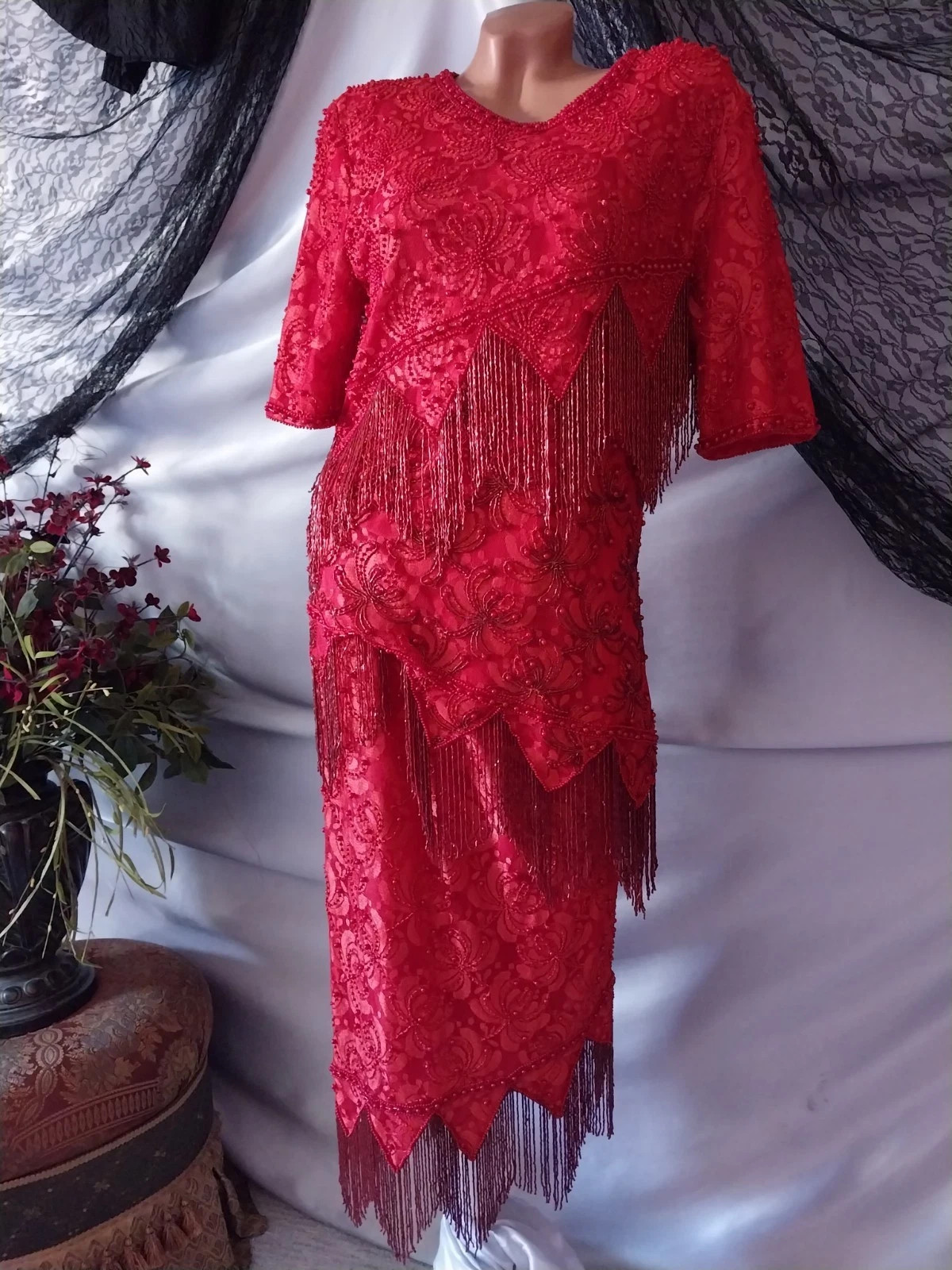 VTG FLAPPER BEADED FRINGE RAGTIME GATSBY 20S STYL RED SKIRT BLOUSE DRESS SET 42