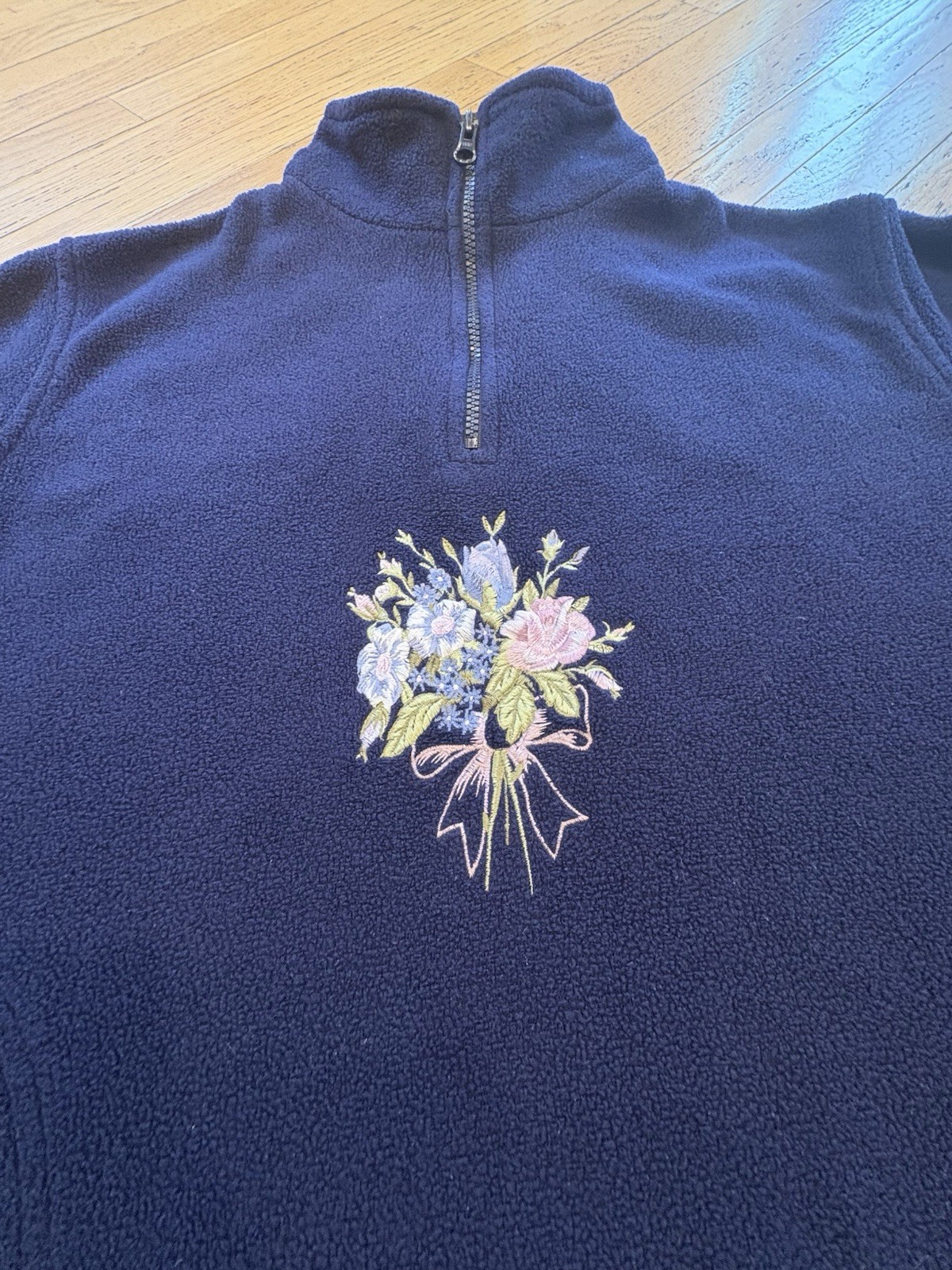 Northern Reflections Vintage Blue Fleece 1/4 Zip Floral Embroidered Pockets M