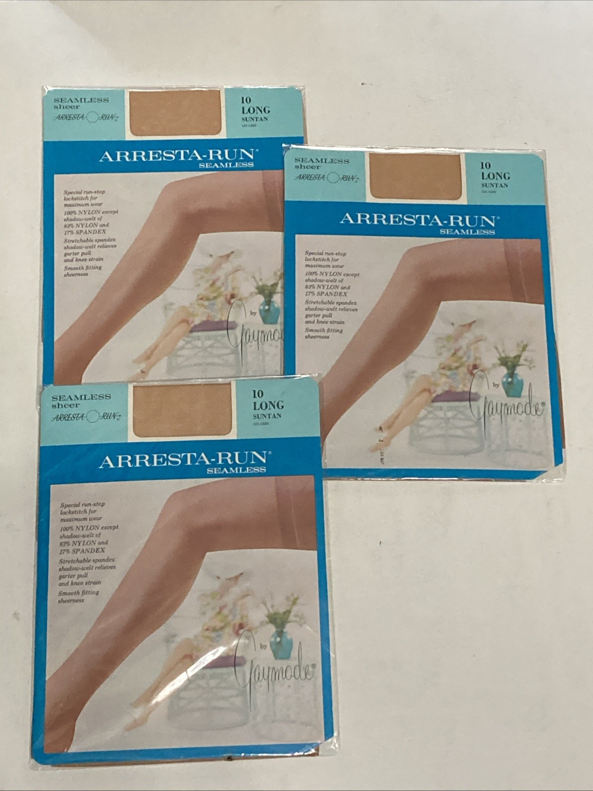 Vintage 60s Arresta-run 3 LOT! Seamless Thigh High Stockings Suntan 10 Long NEW
