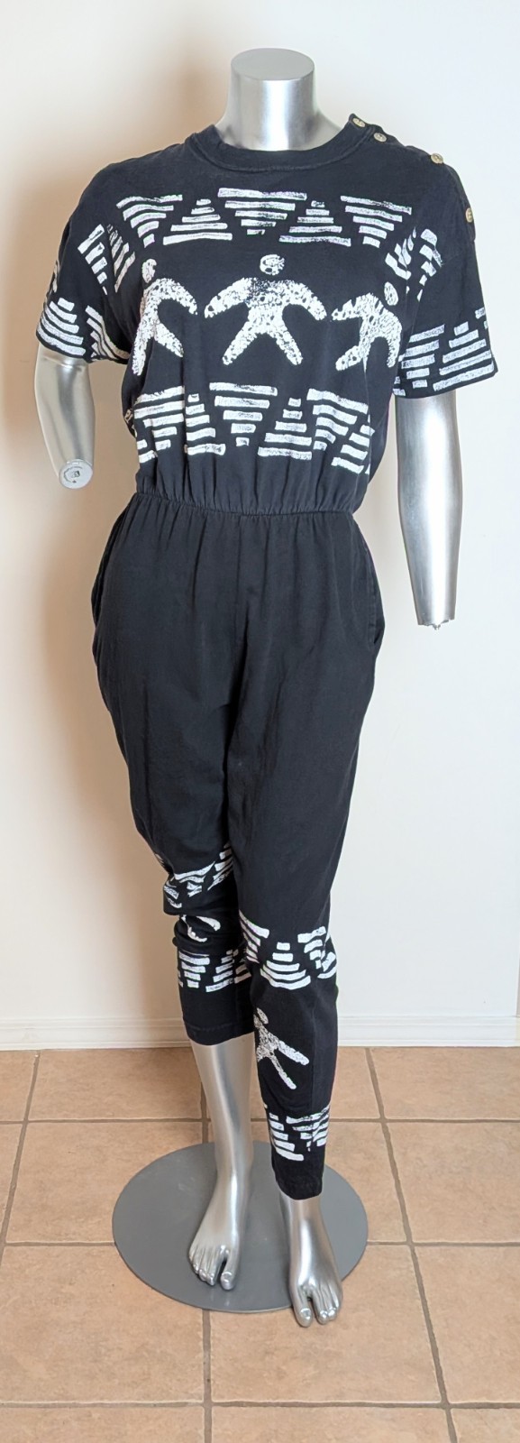 80s Vtg Inventions L.A. Express Printed Jumpsuit Black Art to Wear Abstract