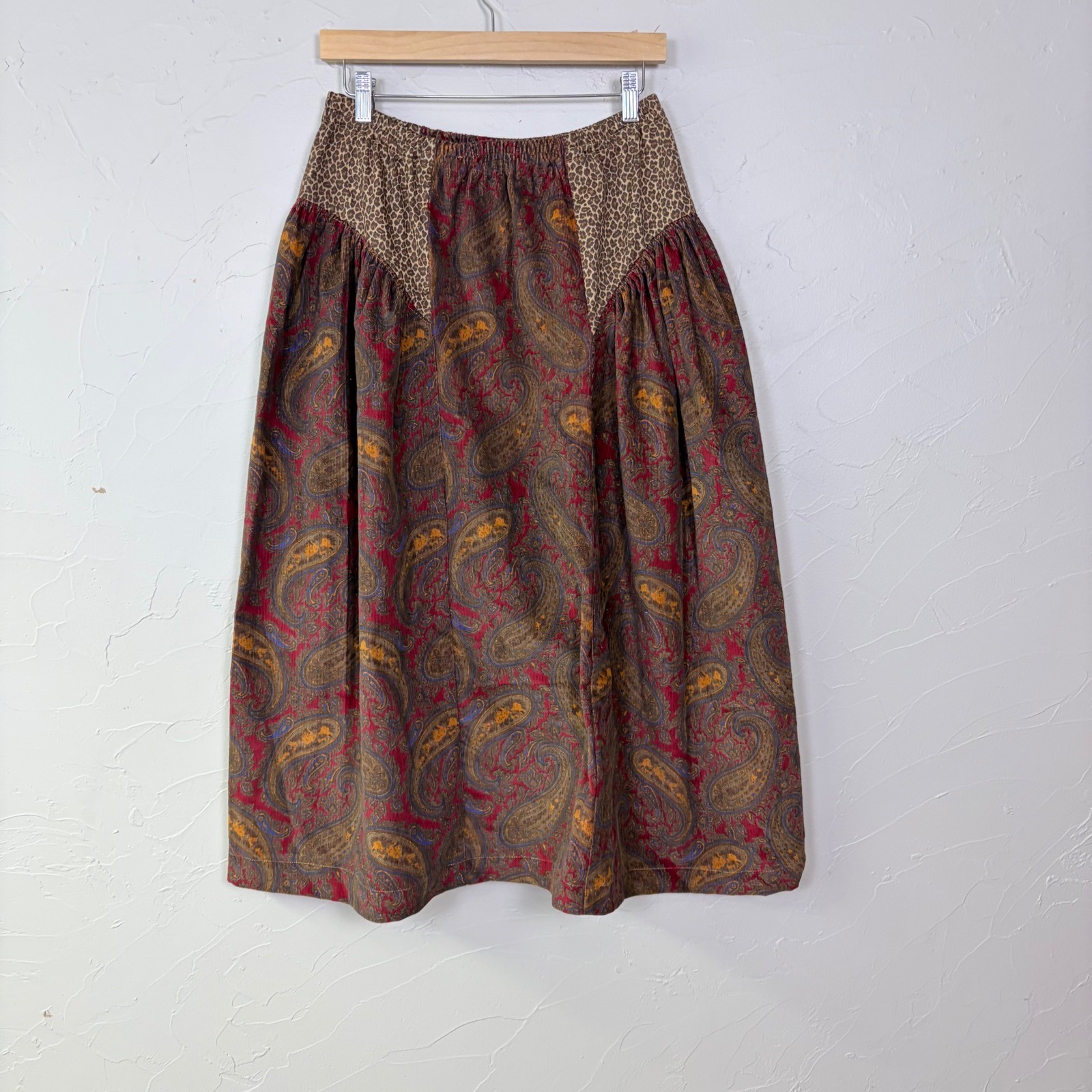 Vintage Handmade Corduroy Midi Skirt Women Size Large Paisley Leopard Print Boho