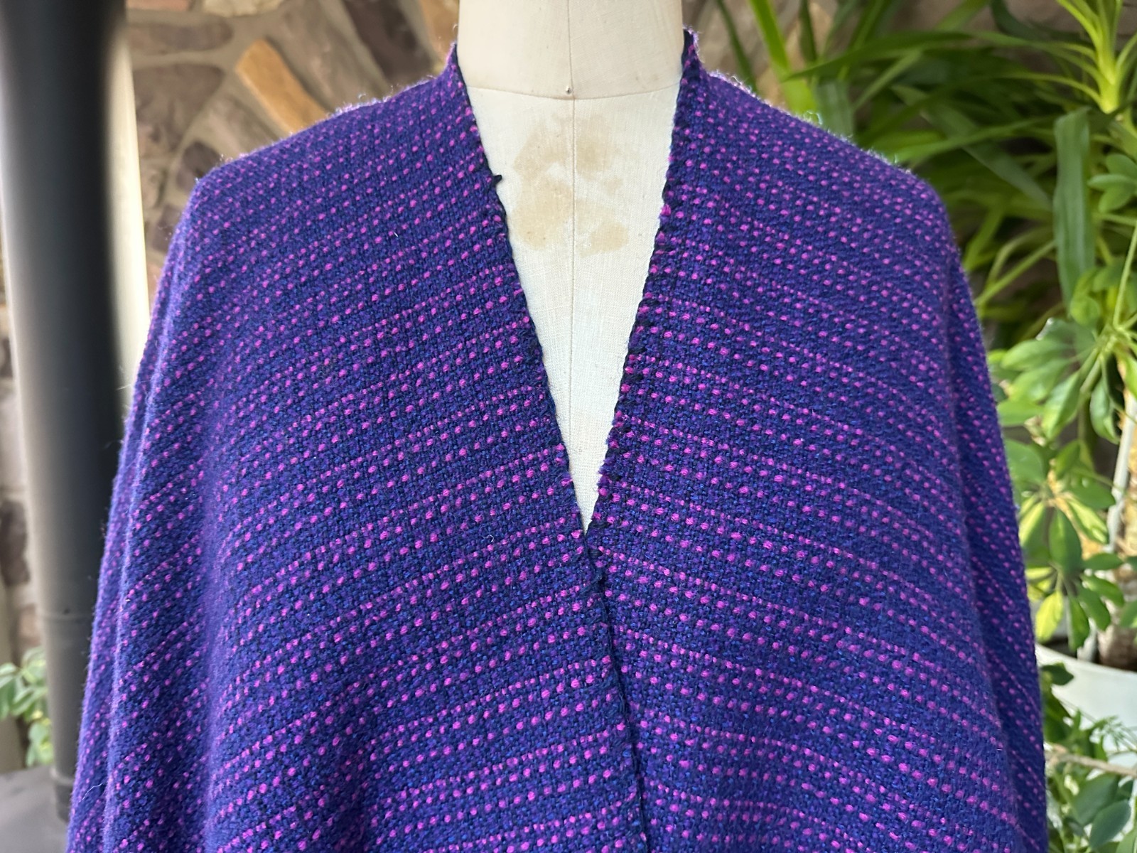 Vintage Bohemian Blue and Pink Hand Woven Stripe Wool Poncho Cape Shawl
