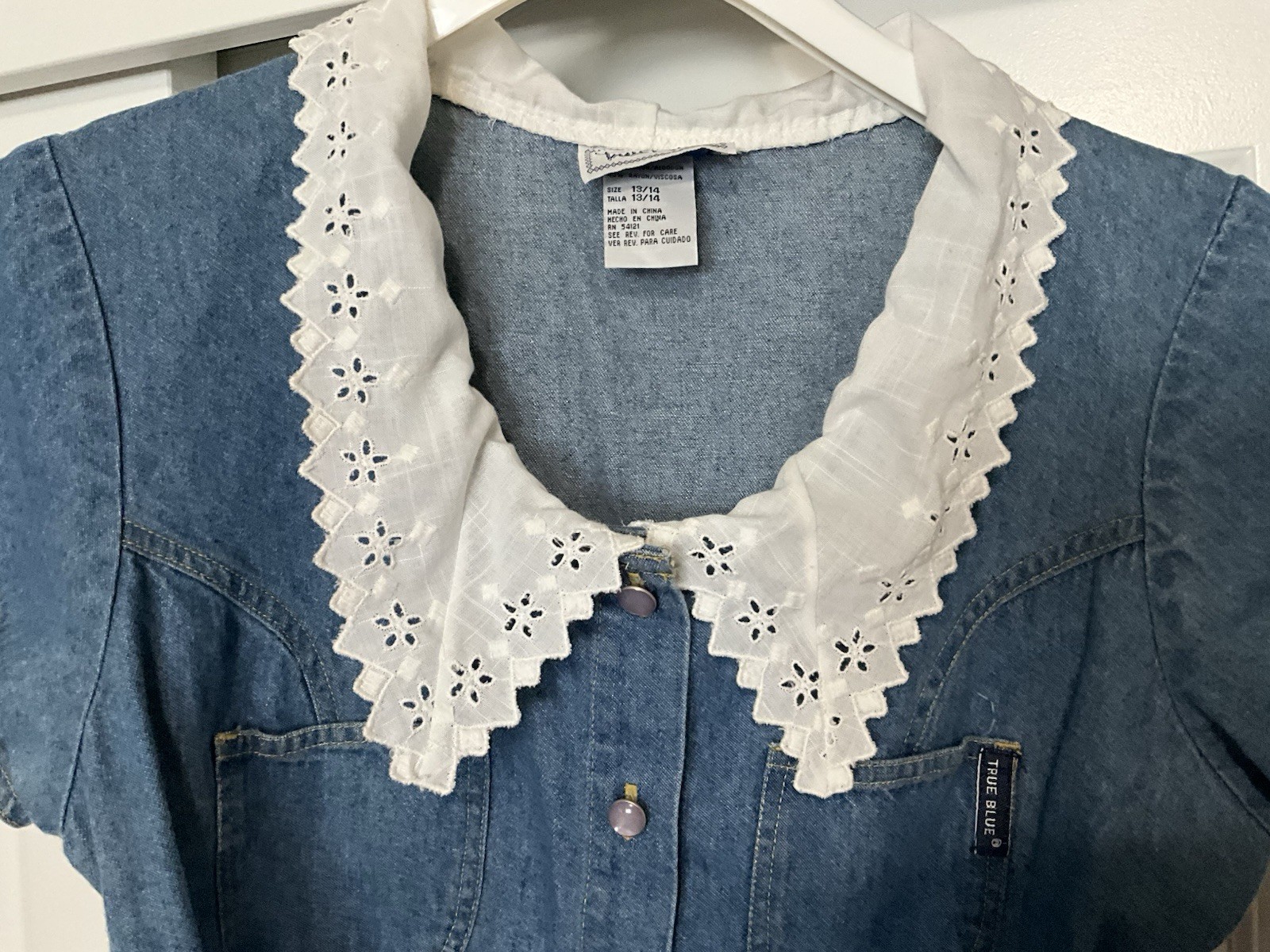 VTG 90s True Blue Denim & Lace Midi Jumpsuit Pearl Snaps Boho Cottage 13/14