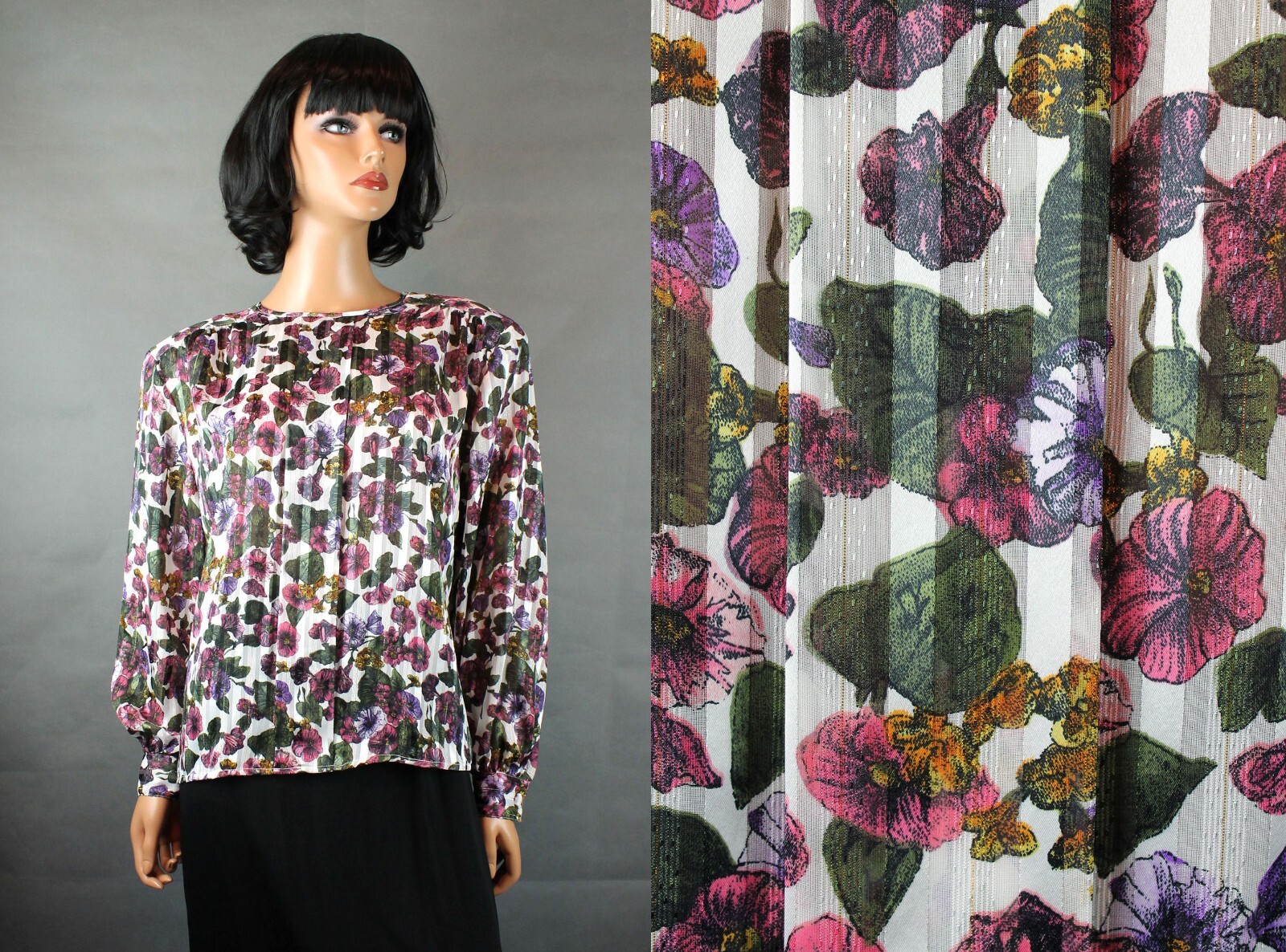 Vintage Secretary Blouse Sz 10 M Gianna Pink Green White Floral Semi Sheer Shirt