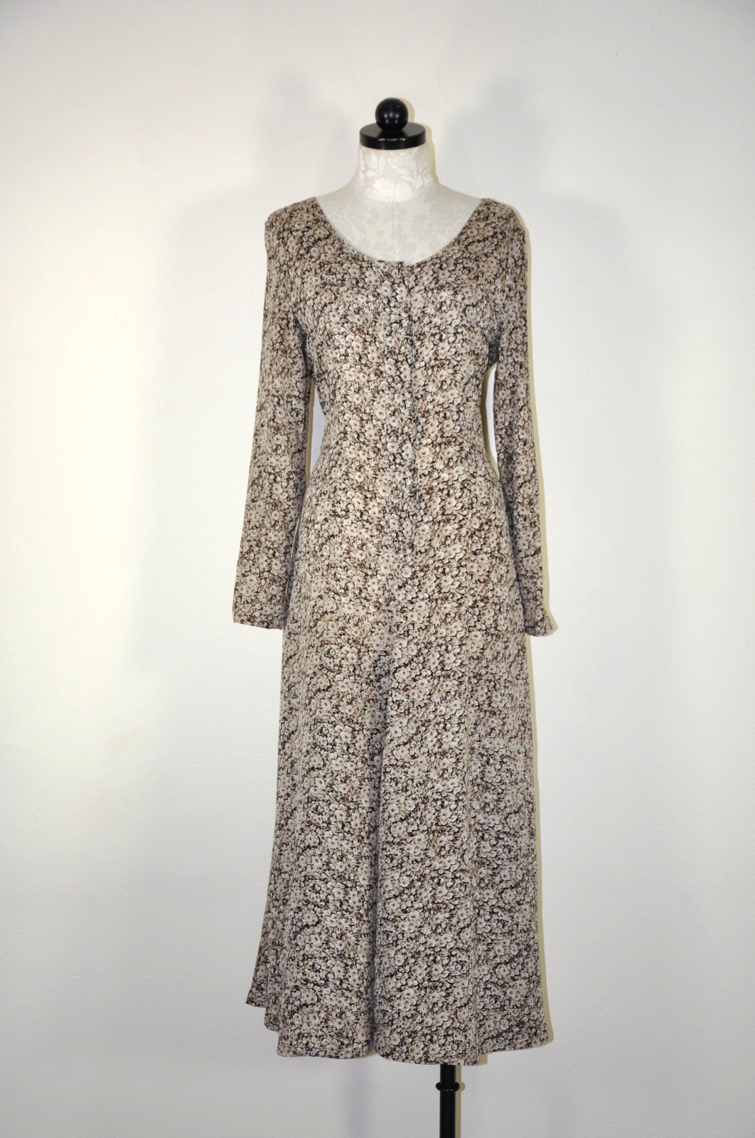90s Vintage Brown Romantic Floral Long Sleeve Tie Back Grunge Dress Women S M