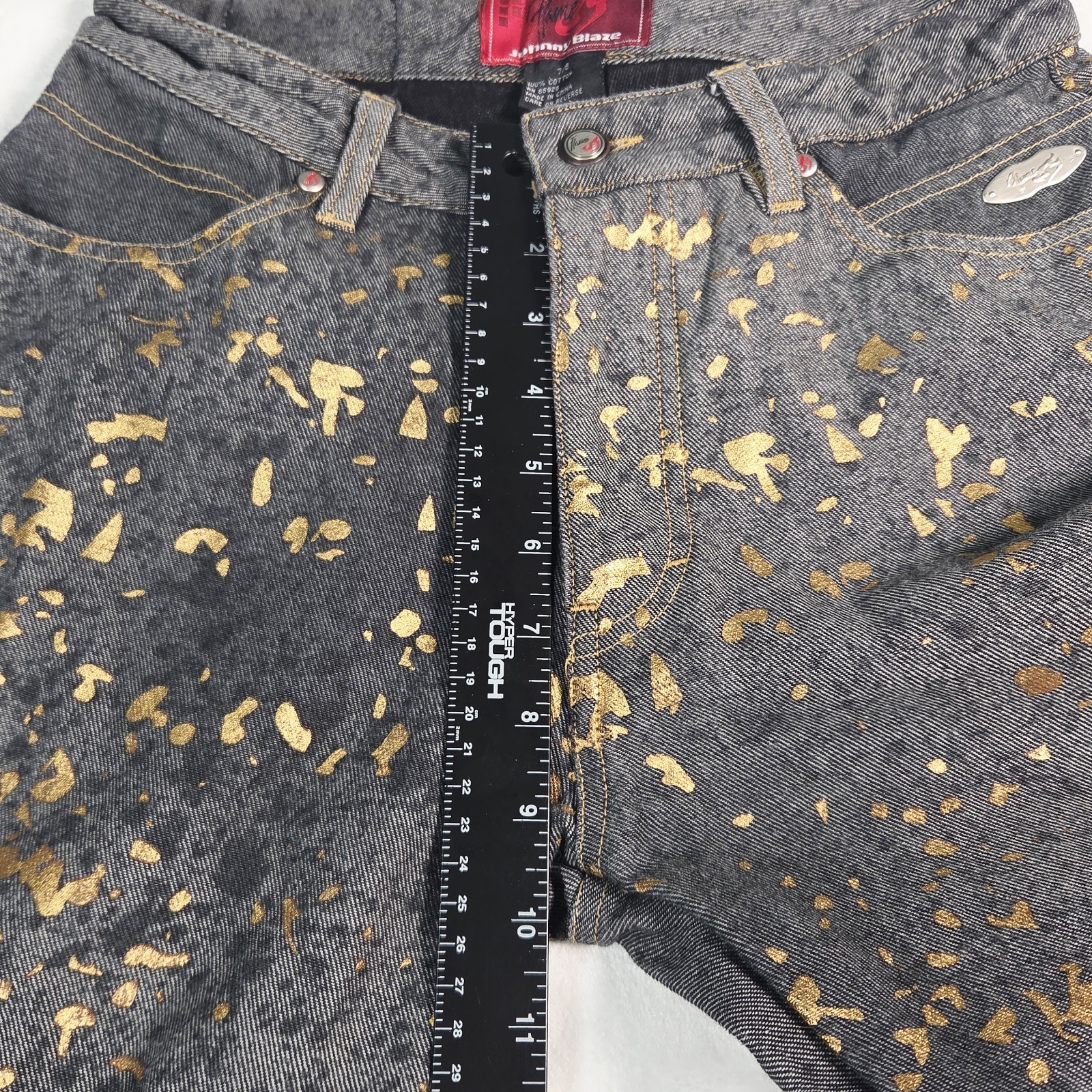 VTG Y2K Johnny Blaze Flame Jeans Womens Sz 7/8 Grey Metallic Gold Splatter Art
