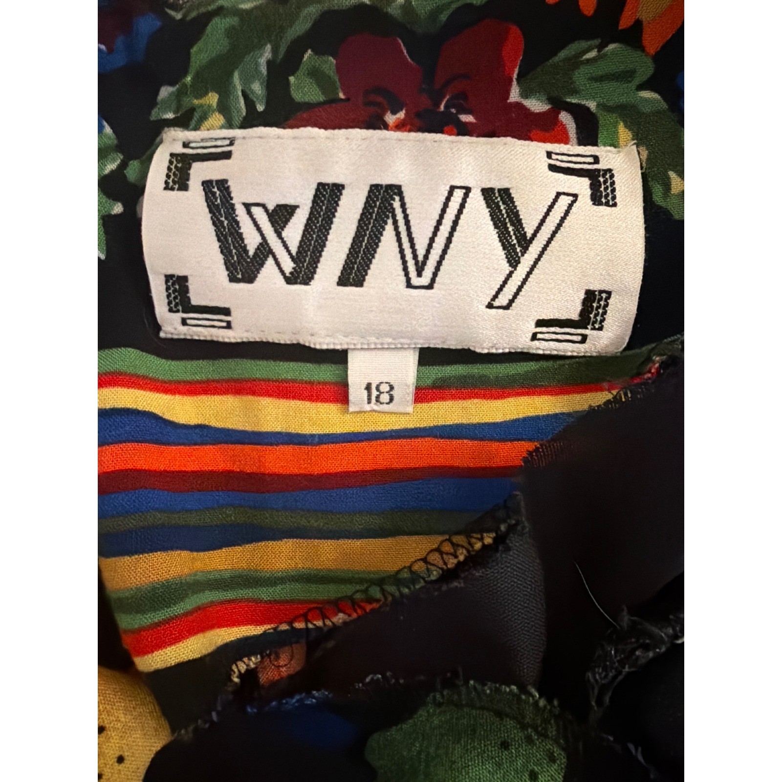 WNY Vintage Folk Art Novelty Print Midi Dress Black Multi Color Women Size 18