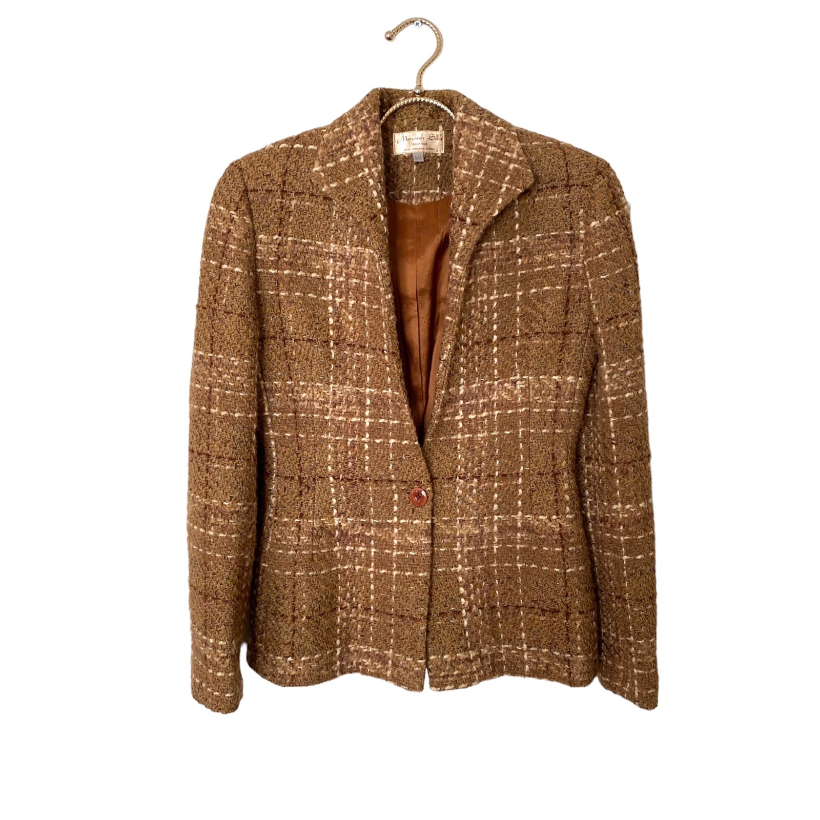 Vintage Mod Tweed Blazer Womens XS Monarch Silk’s Boutique Camel Tan Brown