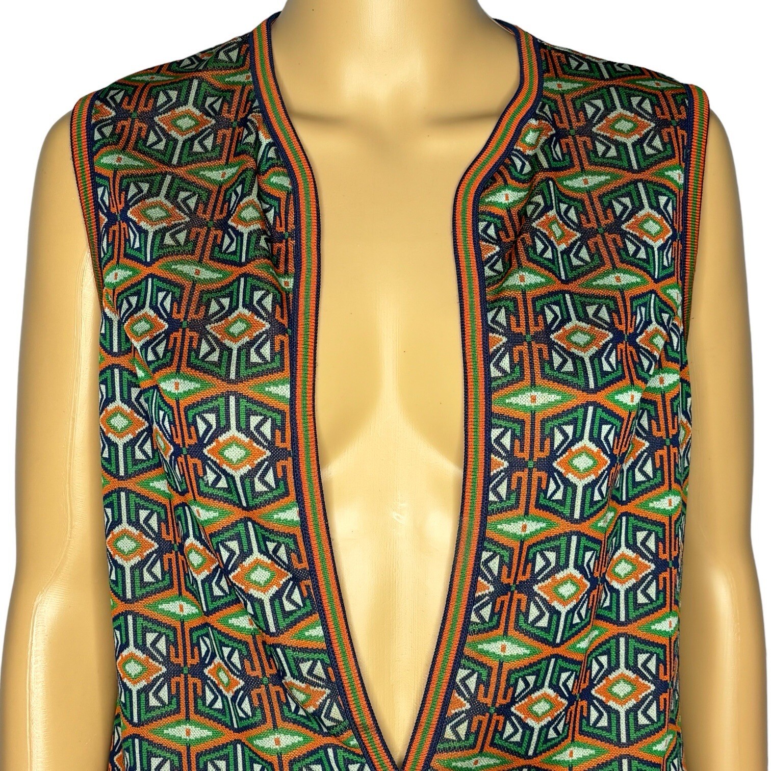 AILEEN Women’s Vest Size 12 Green Orange Blue Funky Pattern Button Front 70s VTG