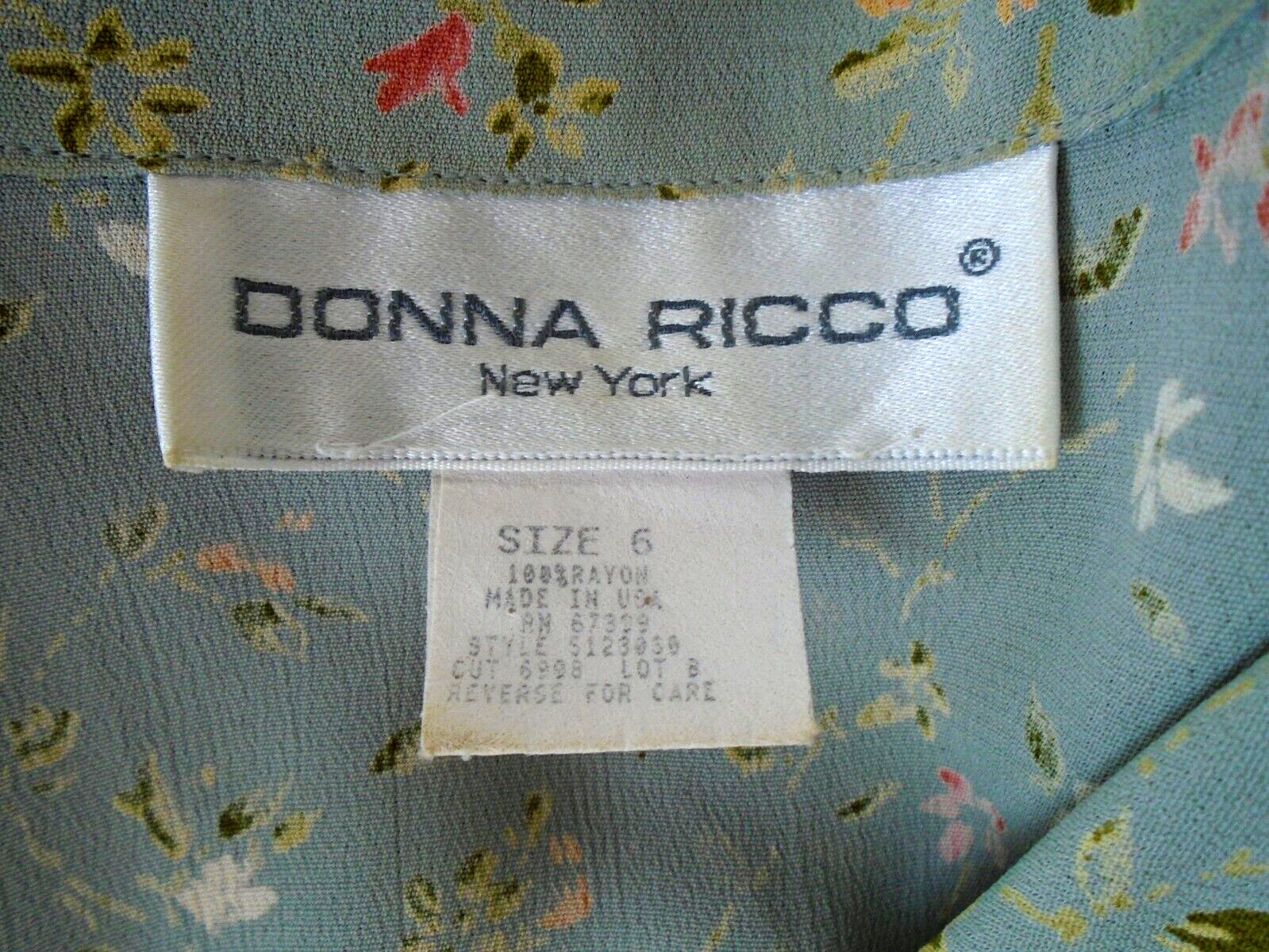 Donna Ricco New York Soft Green Floral Rayon Long Design Dress Size 6 Made USA!