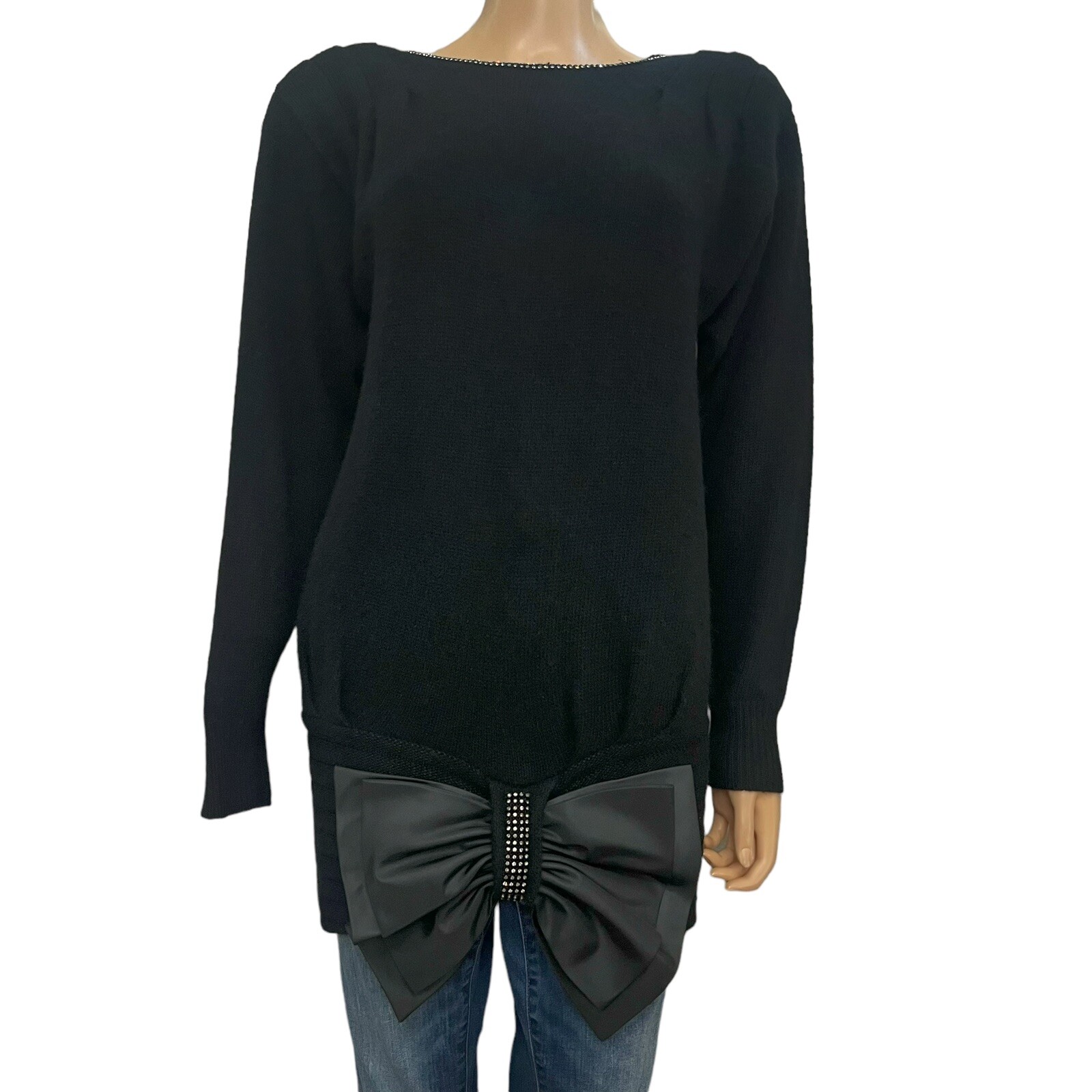 80s VTG Teri Jon Rhinestone Sweater Size 8 Bow Wool Angora Glam Coquette Holiday