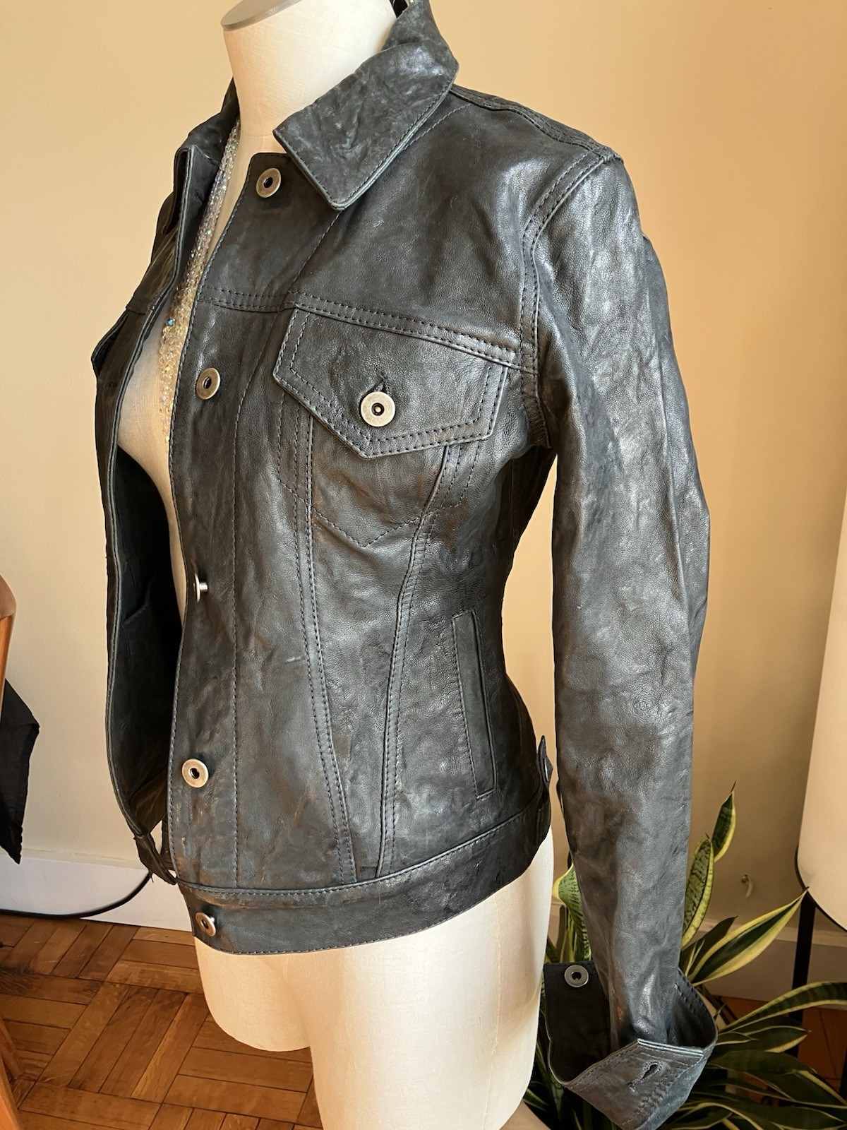 Womens Slim fit Vintage Deep Navy Blue Leather Button-Front Jacket XS