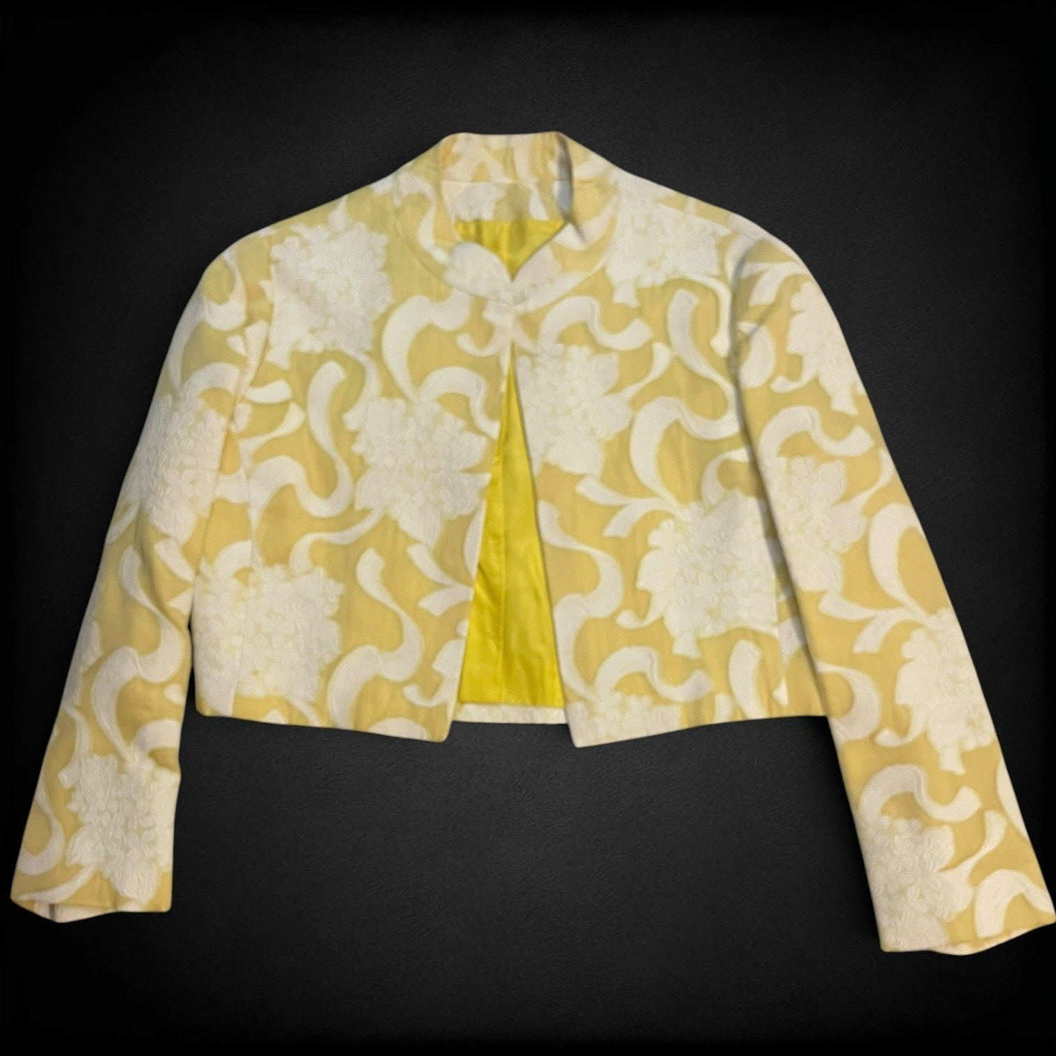Vintage 1960s Mollie Parnis New York Yellow White Brocade Cropped Jacket Size S