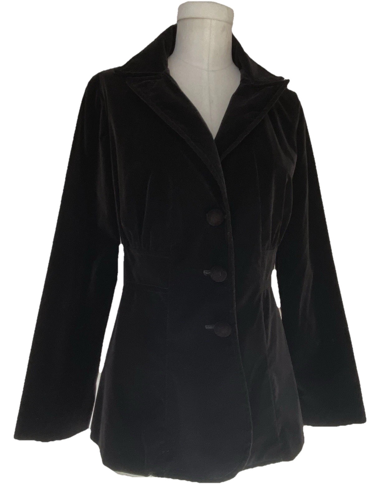 1970’s TAILORED BLAZER Jet Black Vintage Huge Collar Gathered Detail Size S/M