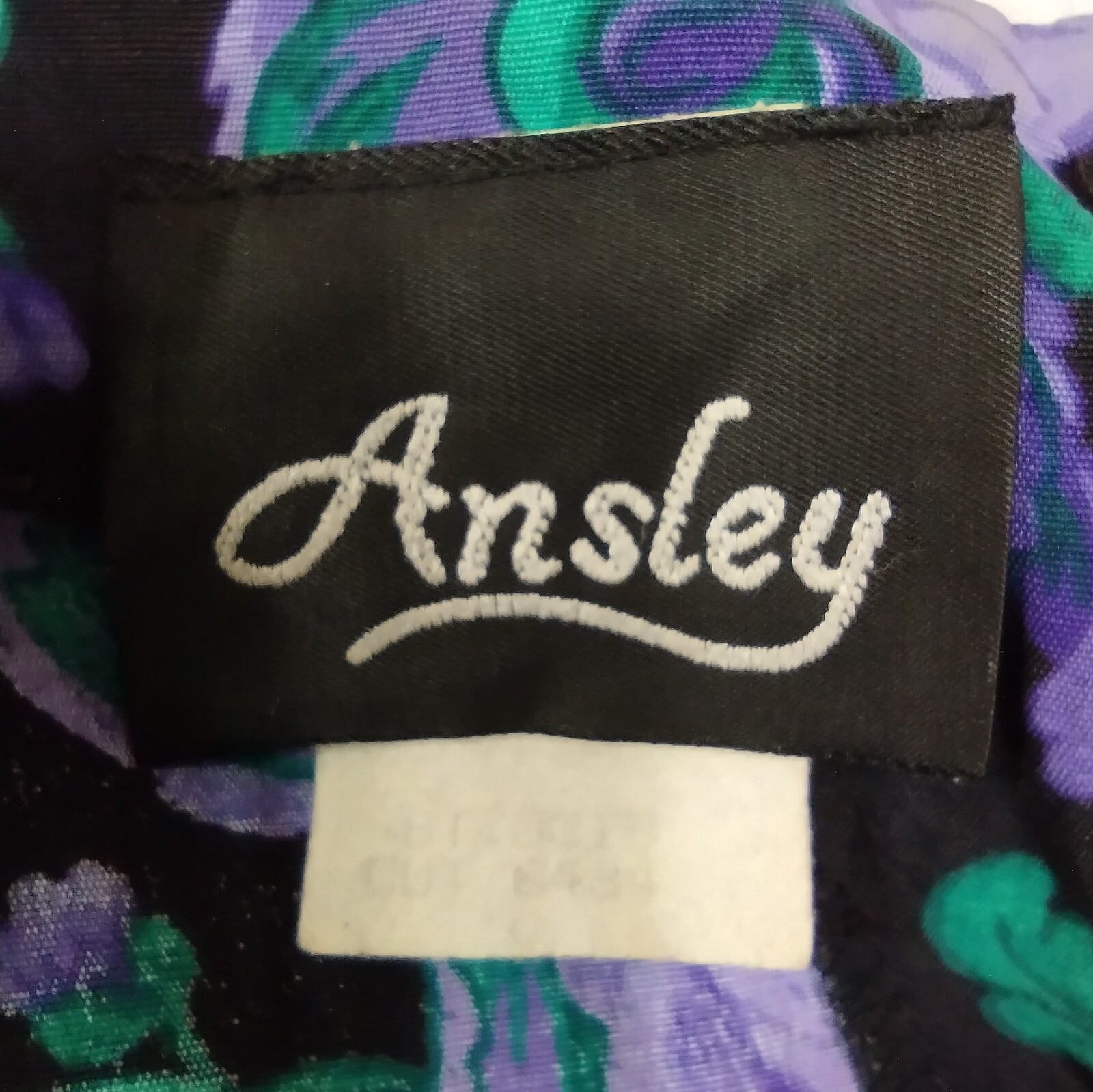 Vintage Ansley Midi Dress Black w/ Purple Flowers Pockets 80s 90s Made USA READ